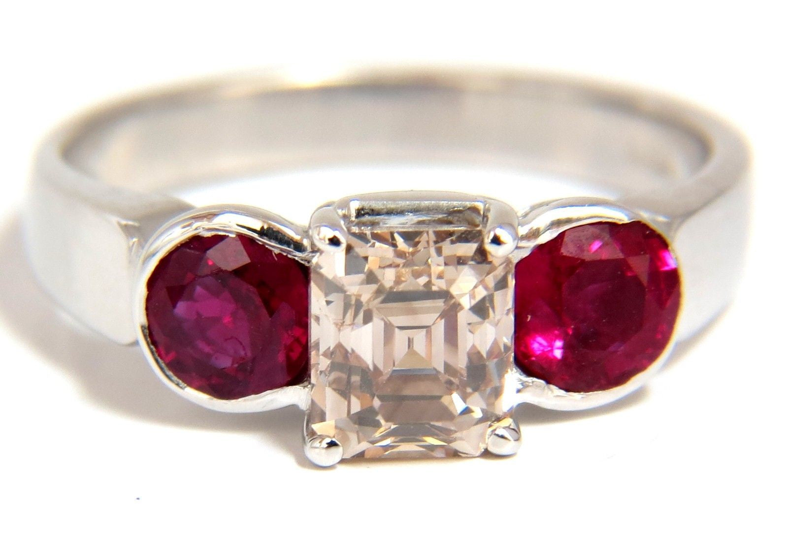 2.46CT Natural Fancy Color Light Brown Diamond & Ruby Ring in 18K Gold - Three Stone Engagement Ring for Women, Perfect for Weddings, Anniversaries & Special Occasions