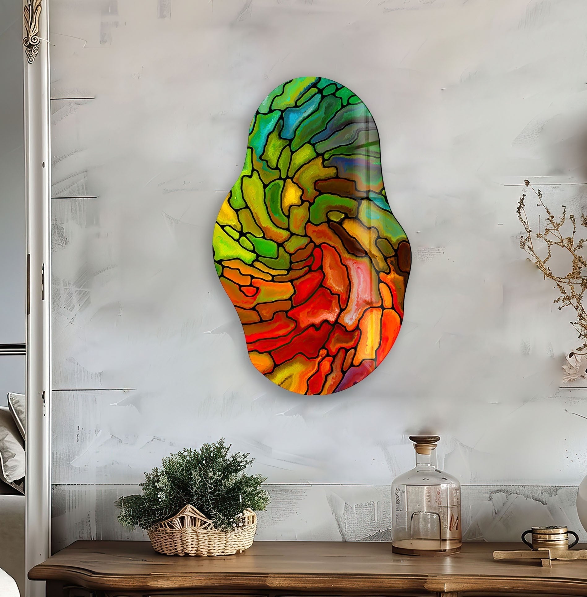 Handmade Asymmetrical Red Stained Glass Wall Art - Modern Abstract Sun Catcher for Home Decor, Living Room, Bedroom & Office