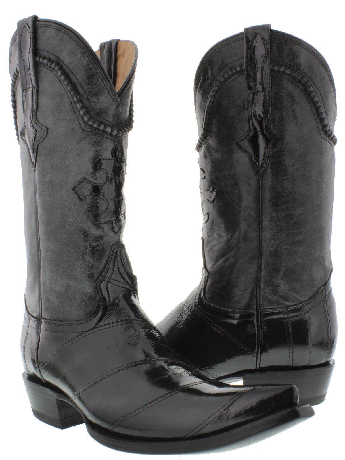 Men's Genuine Eel Skin Leather Cowboy Boots - Professional Black Pointed Toe 6 EE Western Boots for Rodeo, Country Dance & Outdoor Riding