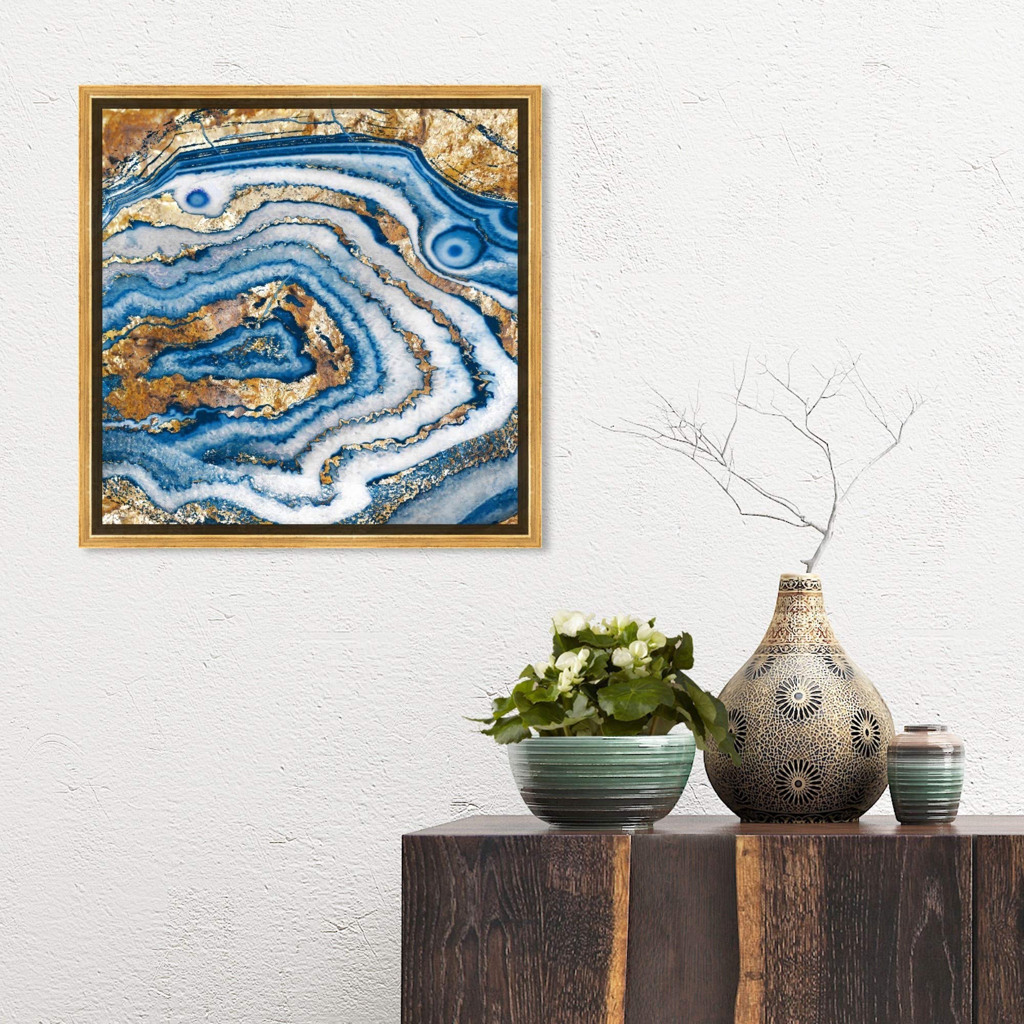 Abstract Framed Wall Art Canvas Print 'Bleu Agate' Crystal Design - 16x16 Inches Blue & Gold Home Decor - Perfect for Living Room, Bedroom or Office Wall Decoration