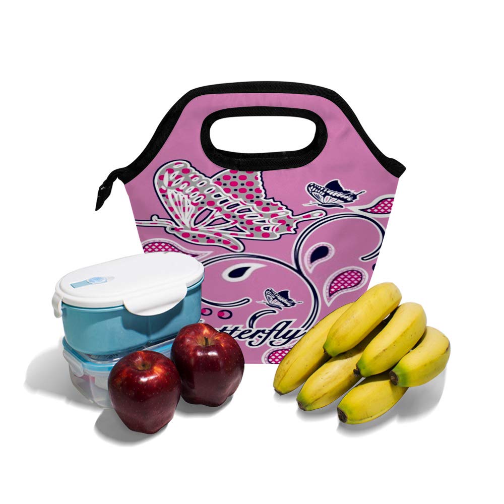Reusable Insulated Lunch Bag with Leakproof Design - Pink Butterfly Pattern Thermal Tote for Hot & Cold Food - Perfect for Office, School, Picnic & Meal Prep
