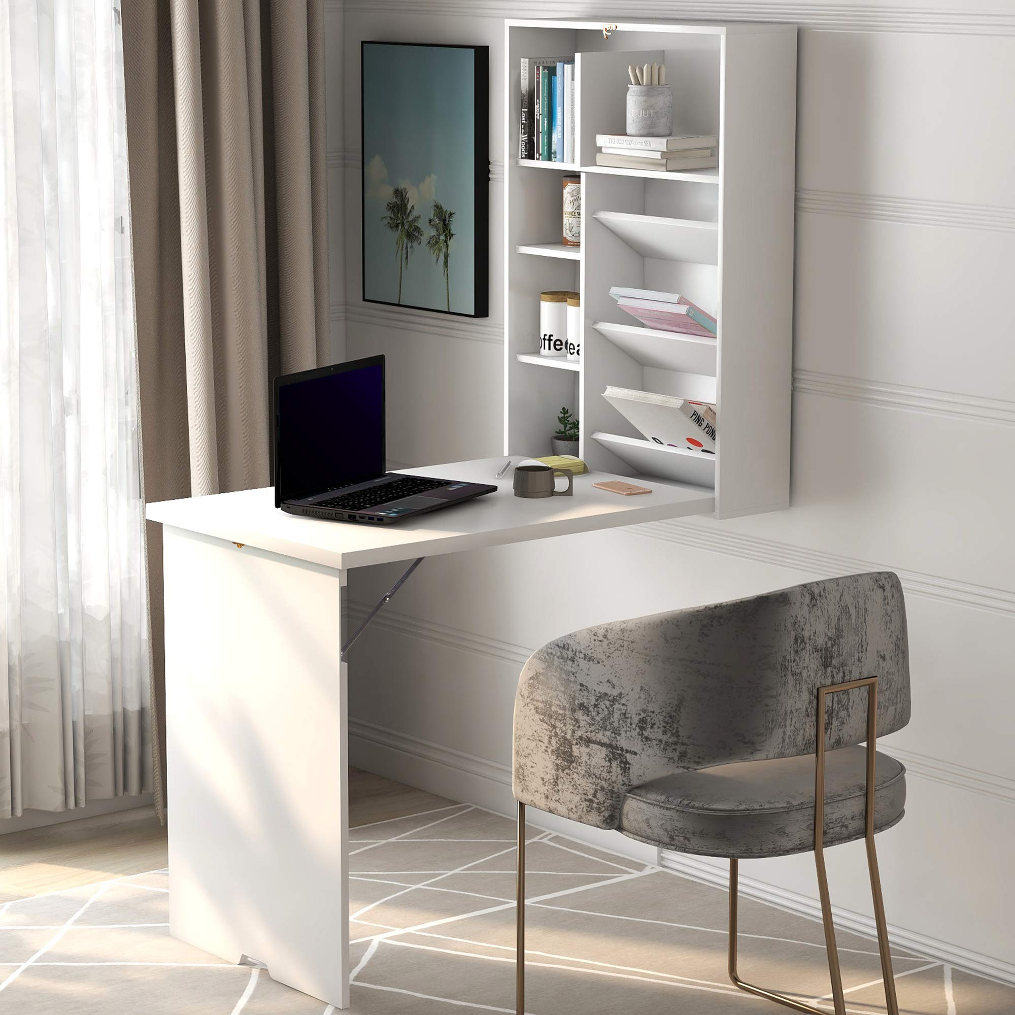 Goujxcy Wall Mounted Floating Computer Desk - Foldable Multi-Function Writing Table with Storage Shelf, Space Saving Design for Small Rooms (White) | Perfect for Home Office, Study Room & Bedroom Workspace