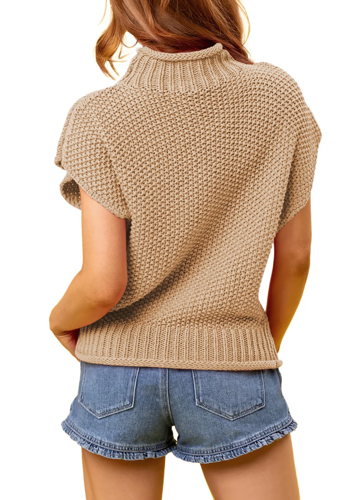 Pink Queen Women's 2025 Spring Mock Neck Sweater Vest - Cap Sleeve Pullover Knit Top for Casual Wear & Office Outfits