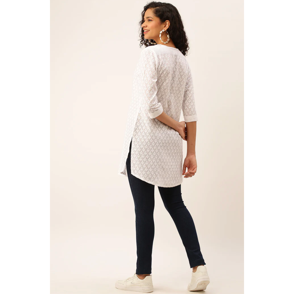 Elegant Chikankari White Short Kurti for Women - Traditional Indian Embroidered Tunic Top for Casual Wear & Festive Occasions