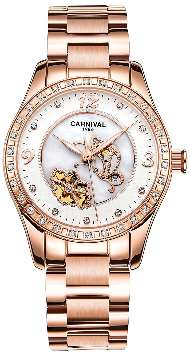 WhatsWatch CARNIVAL Women's Automatic Mechanical Watch - Rhinestone & Mother of Pearl Dial, Butterfly Flower Design | Elegant Dress Watch for Women, Perfect for Parties, Weddings & Special Occasions