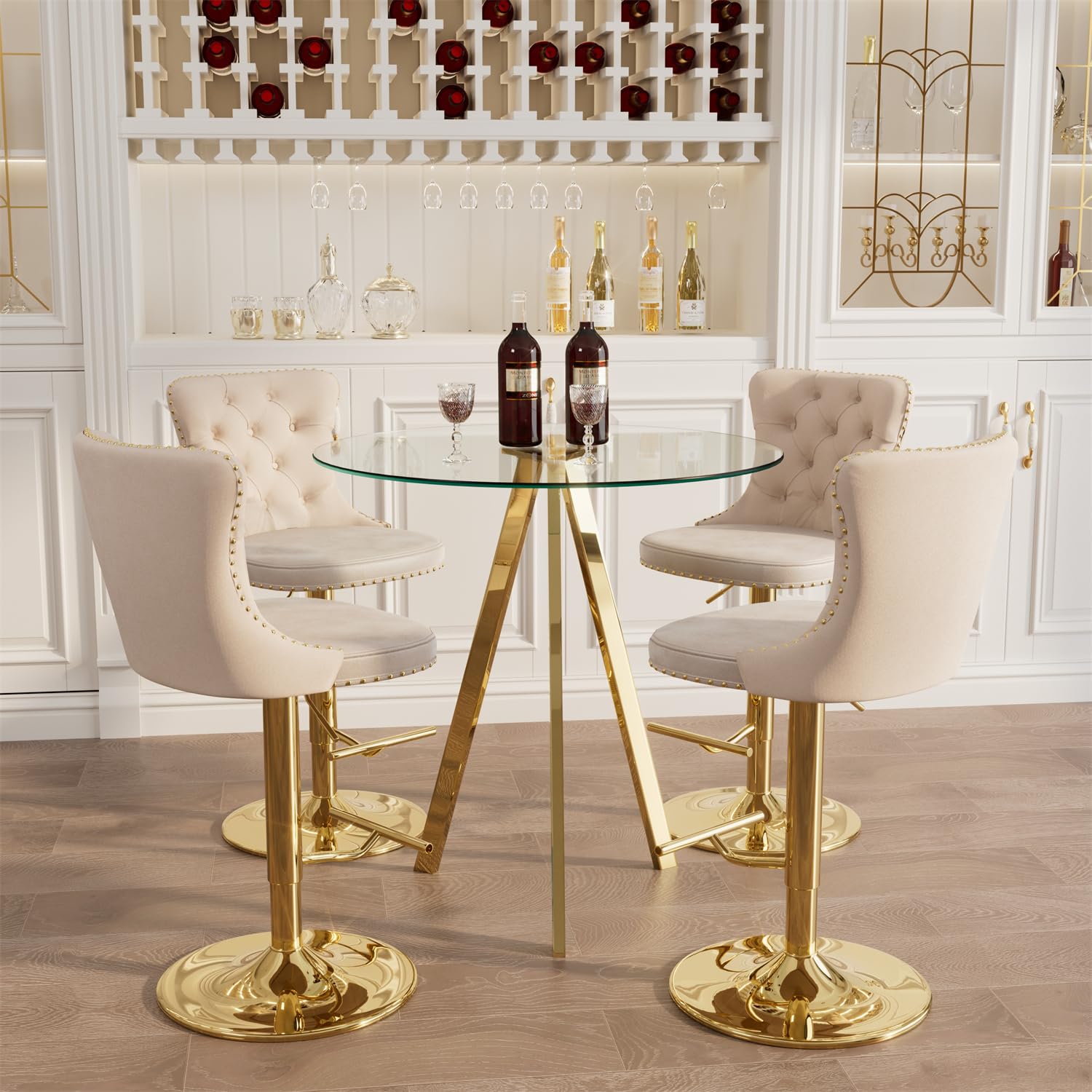 Small Round Clear Glass Bar Table with Gold Legs - Modern Luxury High Top Pub Table, Circular Bistro & Party Drink Table for Small Spaces - Perfect for Home Bars, Living Rooms, Patios & Outdoor Entertaining