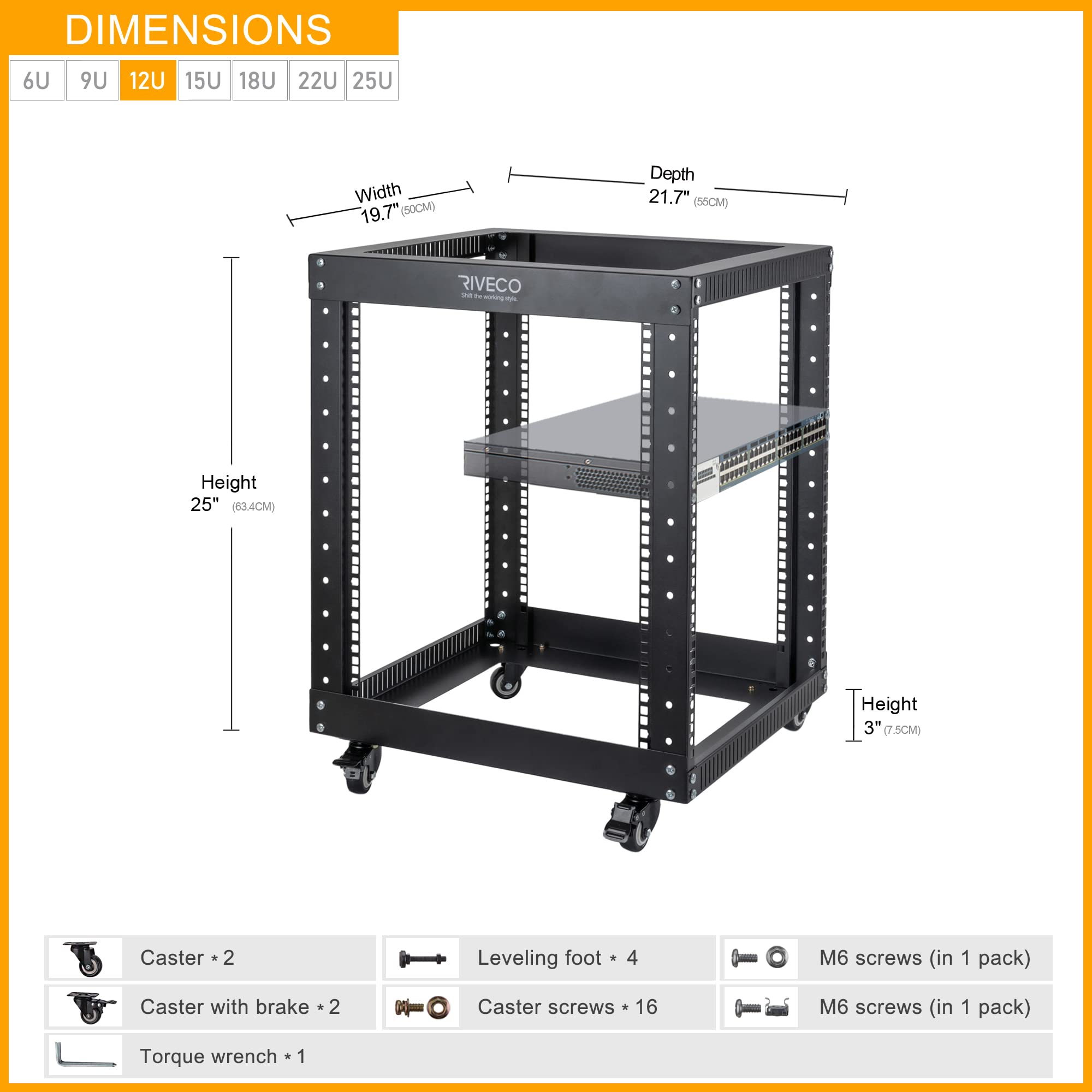 12U Open Frame Server Rack with Casters - RIVECO 4-Post 19-Inch Network Cabinet, Heavy Duty Black for Data Center & IT Equipment - Perfect for Server Rooms, Home Labs, and Office Network Setups