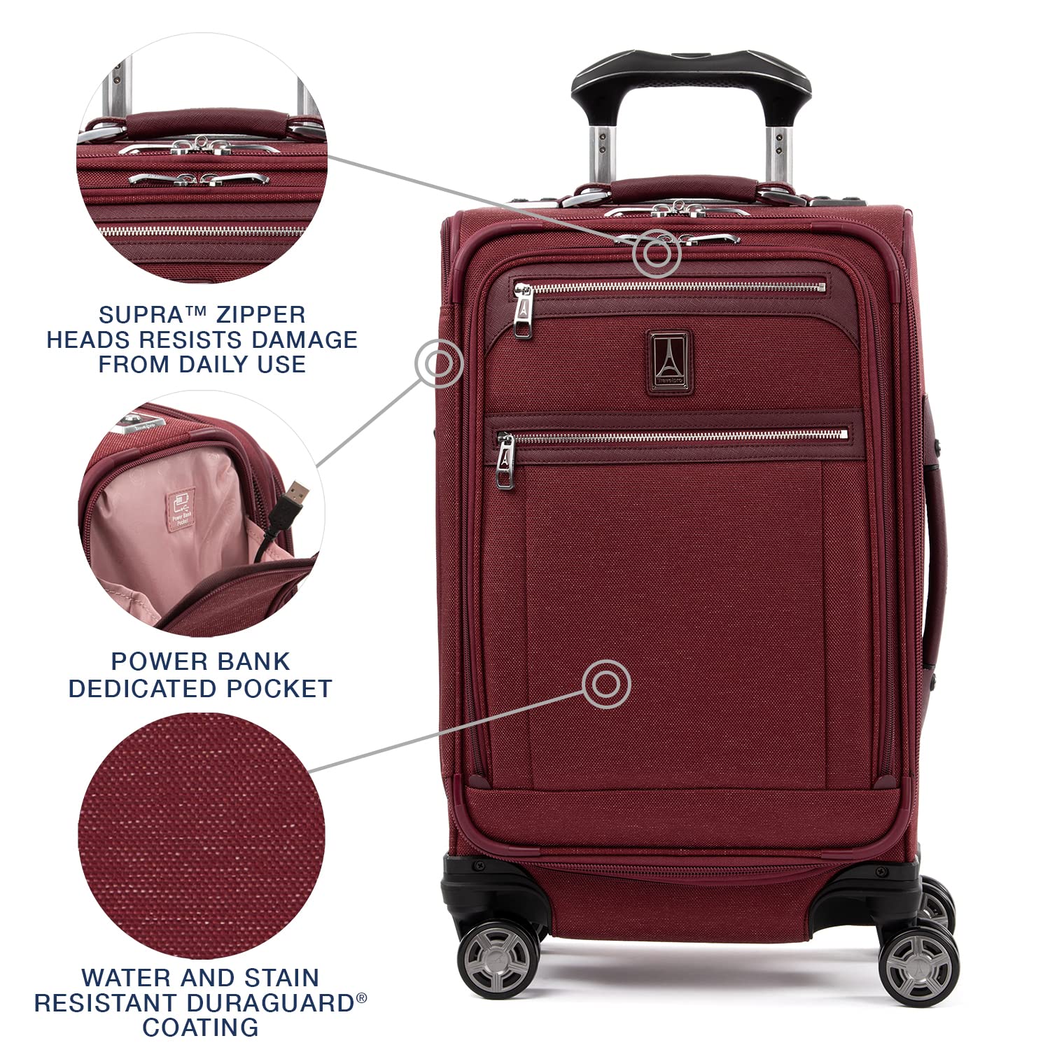 Travelpro Platinum Elite Expandable 21-Inch Carry-On Luggage with 8 Spinner Wheels, USB Charging Port & Suiter - Lightweight Softside Spinner Suitcase for Men & Women (Bordeaux Red) - Perfect for Business Travel & Weekend Getaways