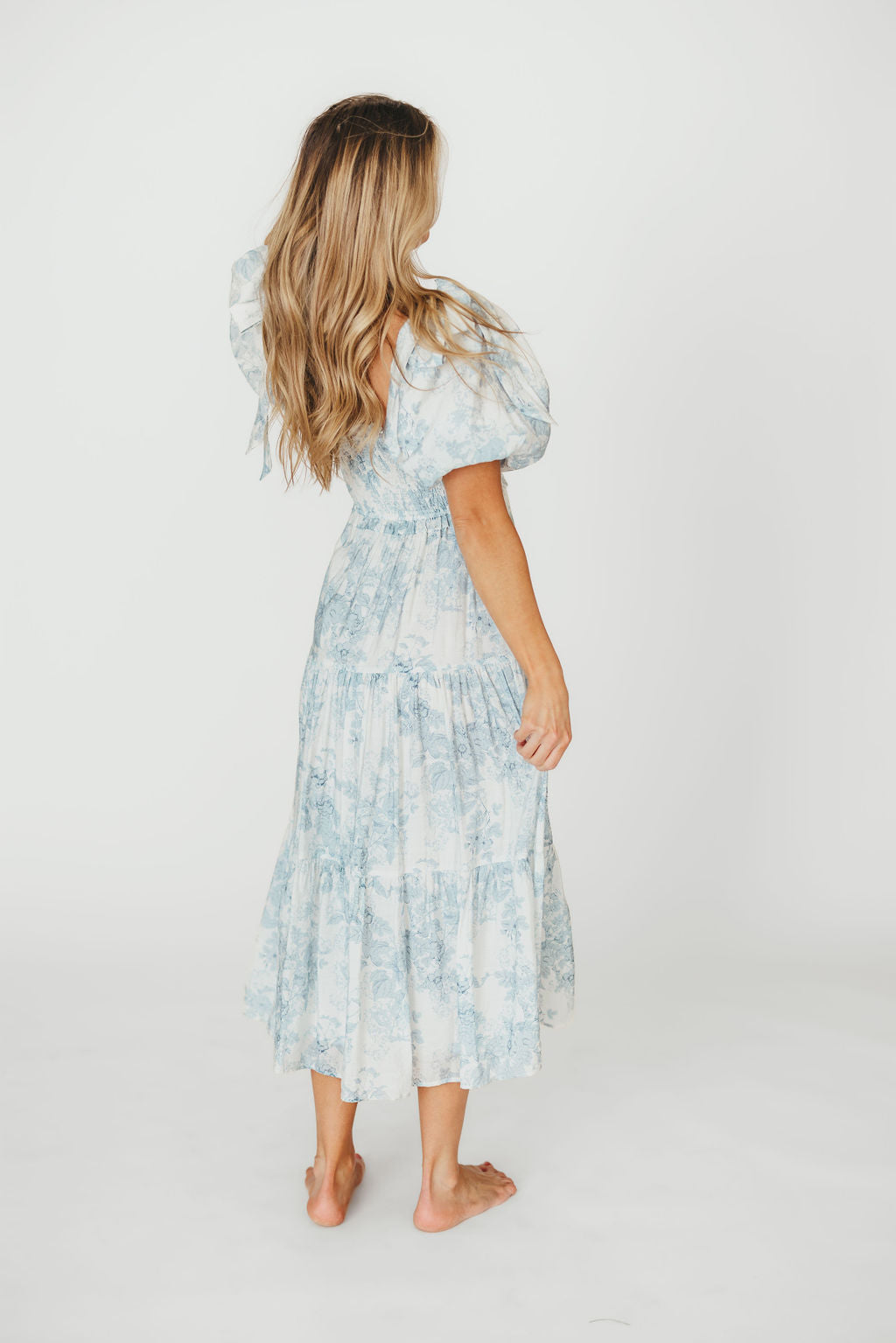 Elena Floral Print Smocked Midi Dress in Blue - Bump Friendly Maternity Dress & Inclusive Sizing for Women - Perfect for Baby Showers, Bridal Events & Summer Weddings