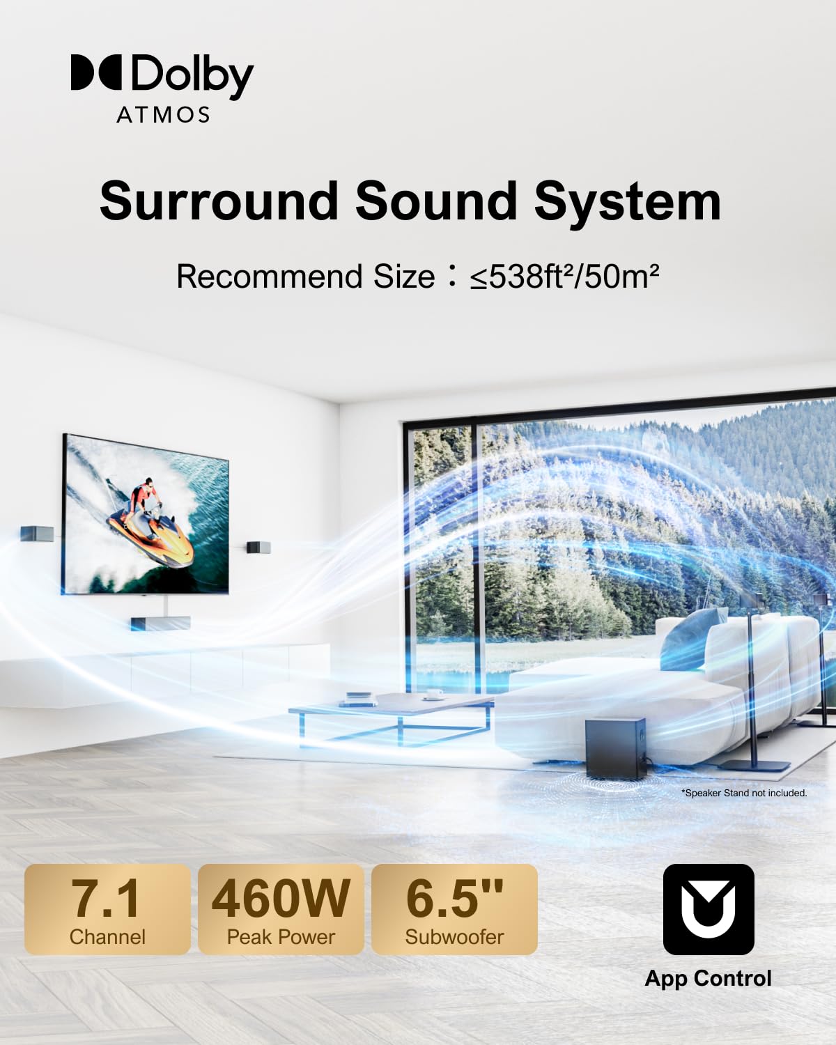 ULTIMEA D80 7.1 Channel Dolby Atmos Sound Bar System with 460W Power & Wireless Subwoofer - Home Theater Surround Sound for TV, Movies & Gaming - Includes 4 Wired Speakers & Smart App Control (2025 Upgrade)