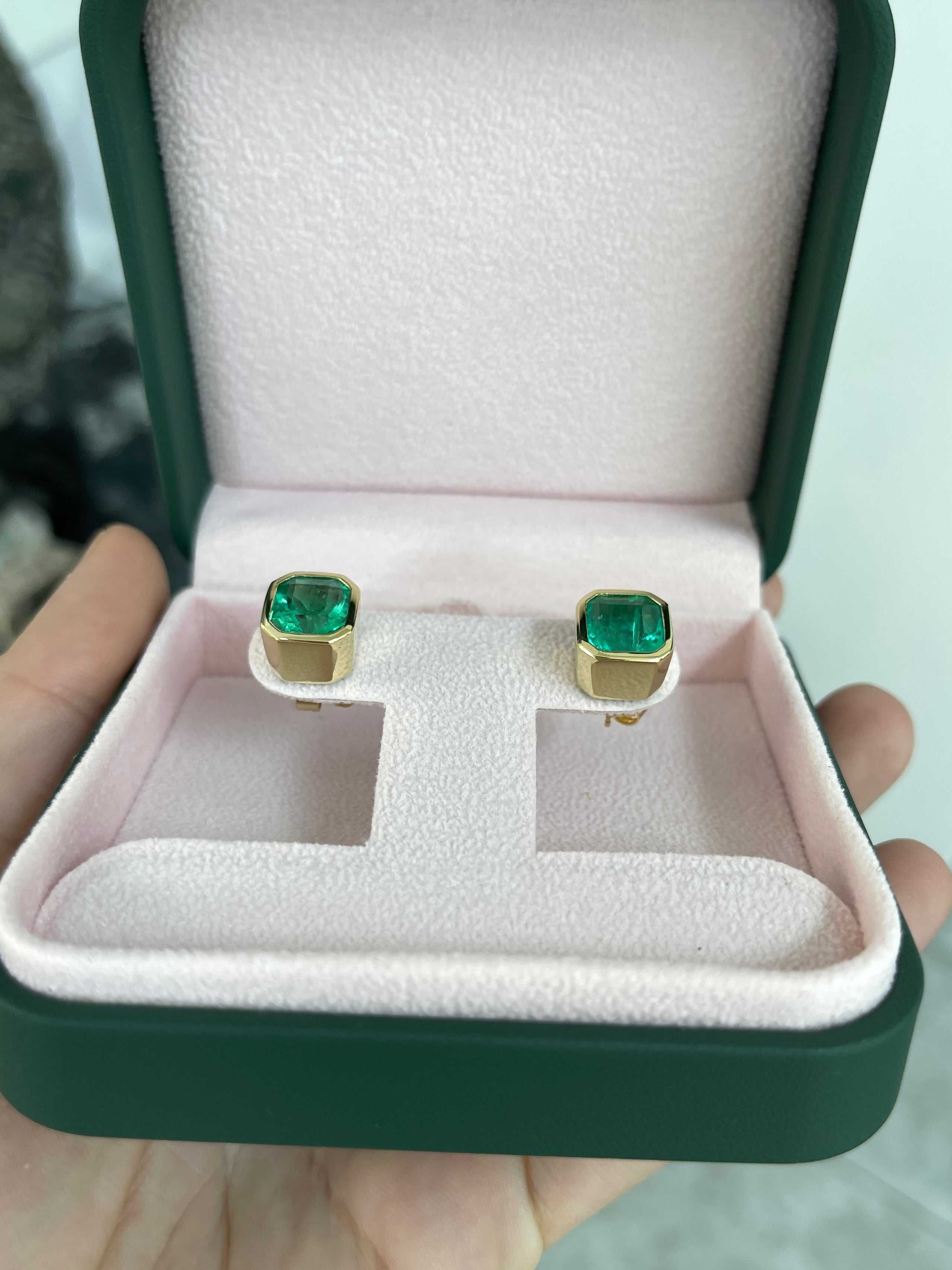 7.70tcw AAA+ Colombian Emerald Bezel Set Earrings - Angelina Jolie Style Luxury Jewelry for Women, Perfect for Weddings, Parties & Special Occasions