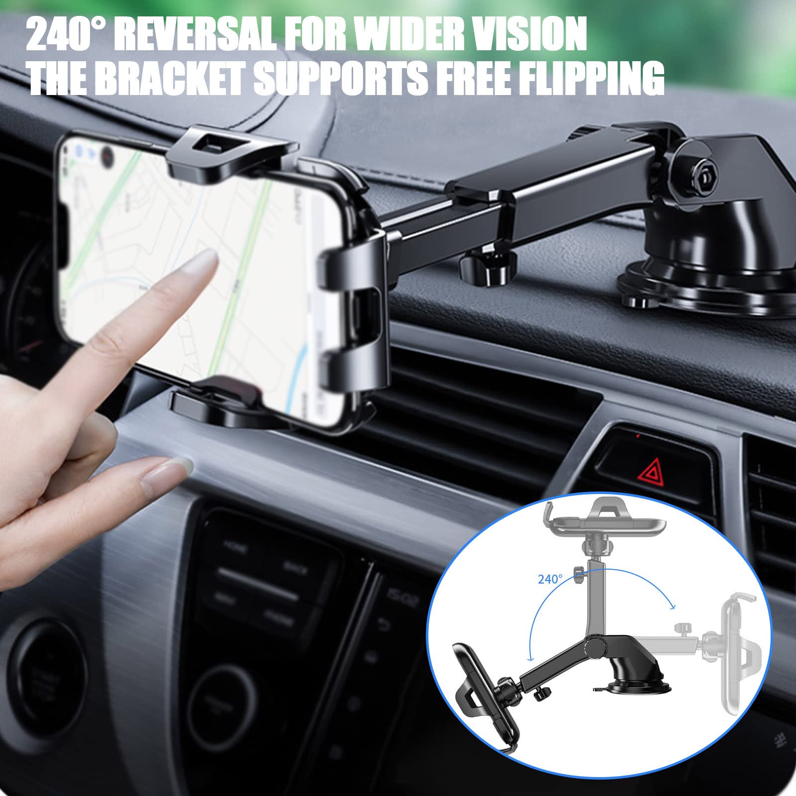 Universal Car Phone Mount Holder - 360° Adjustable Dashboard Windshield Air Vent Phone Stand with Strong Suction Cup & Telescopic Arm for iPhone 14/13/12 Pro Max, Samsung Galaxy - Perfect for GPS Navigation, Hands-Free Calling & Road Trips