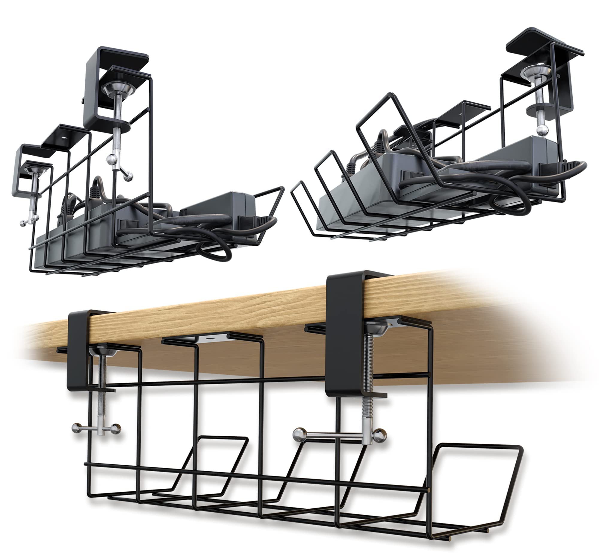 Under Desk Cable Management Tray with Clamps - No Drill Cable Organizer for Home & Office - Set of 2 | Perfect for Computer, TV & Gaming Setup Wire Organization