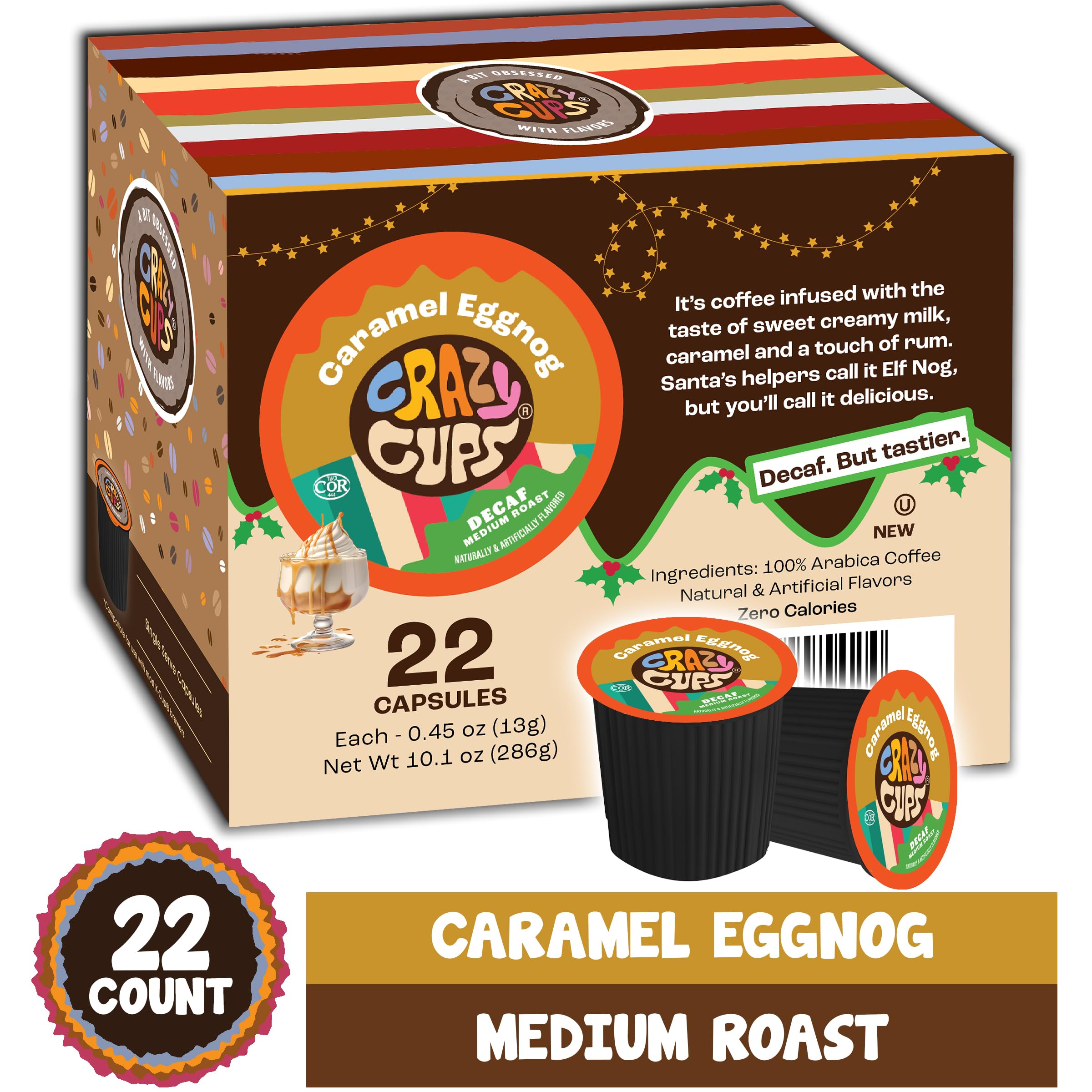 Decaf Eggnog & Holiday Blend Flavored Coffee Pods for Keurig K-Cup Machines - Medium Roast Single Serve Coffee, 22 Count - Perfect for Hot or Iced Coffee, Holiday Gatherings & Cozy Winter Mornings