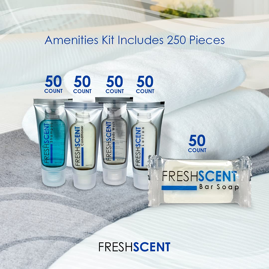Freshscent Hotel Collection 250-Piece Travel Size Toiletries Kit - 50 Each of 1oz Shampoo, Conditioner, Body Wash & Lotion + 50 Bars 1oz Soap | Bulk Amenities for Hotels, Travel, Hospitality & Guest Bathroom Essentials