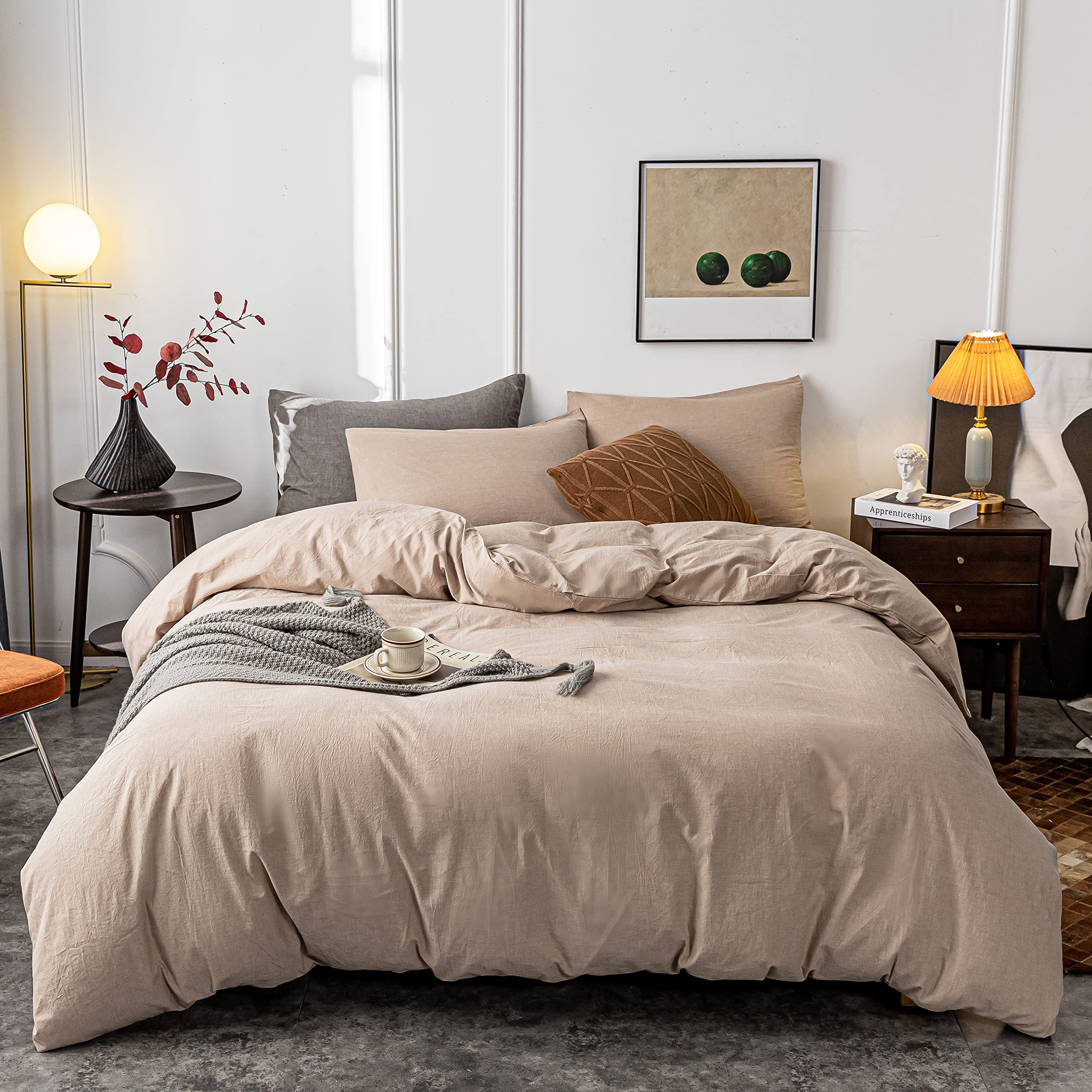 Janlive 100% Washed Cotton Duvet Cover Queen Size - Ultra Soft Solid Khaki 3-Piece Set with Zipper Closure | Breathable Bedding for All Seasons | Perfect for Master Bedroom, Guest Room & Airbnb