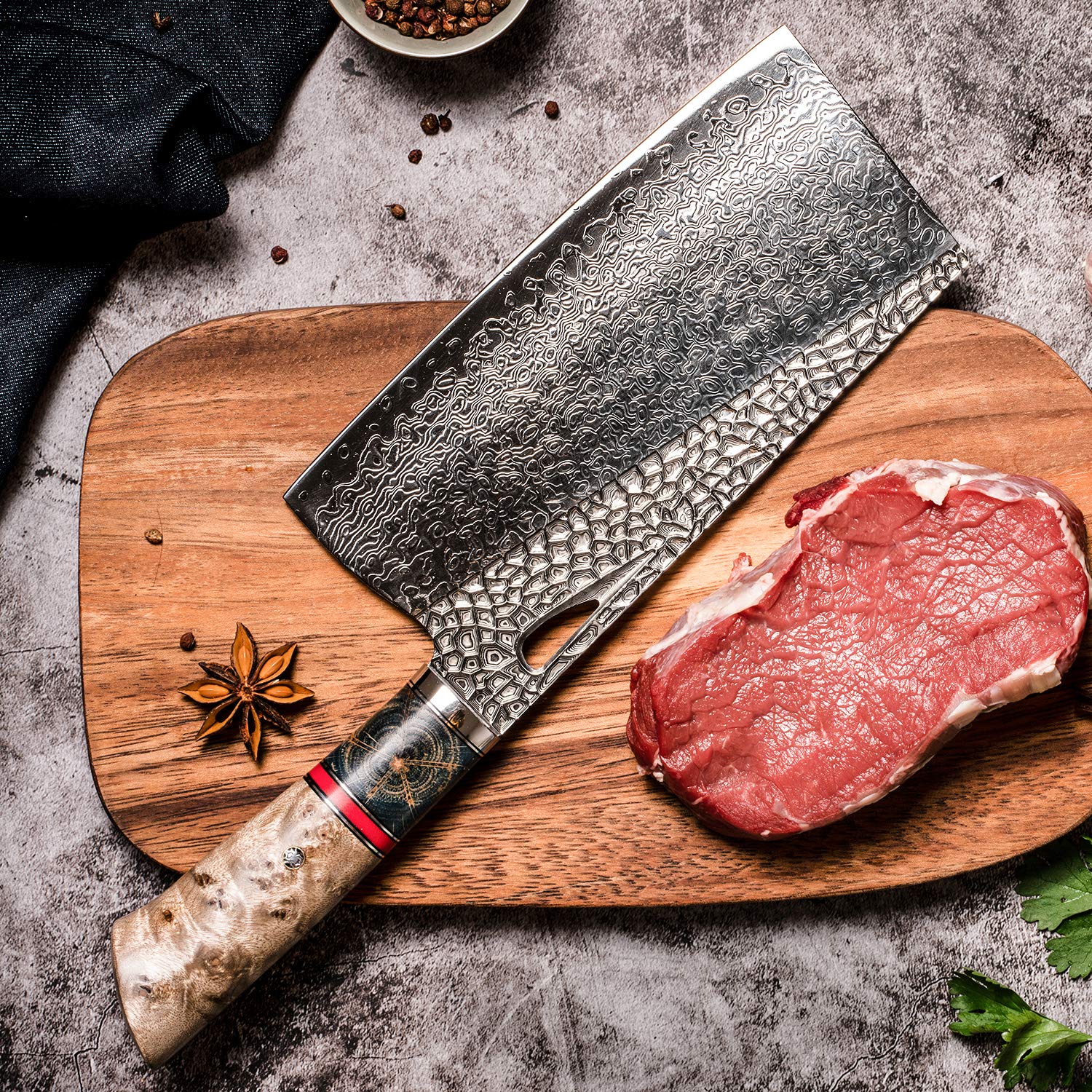 Premium Damascus Steel Chinese Cleaver Knife - 7.5 Inch Professional Handmade Chef's Chopper with Stabilized Burl Wood Handle - Perfect for Meat, Vegetables & Asian Cuisine - Ideal for Home Kitchens & Restaurant Use