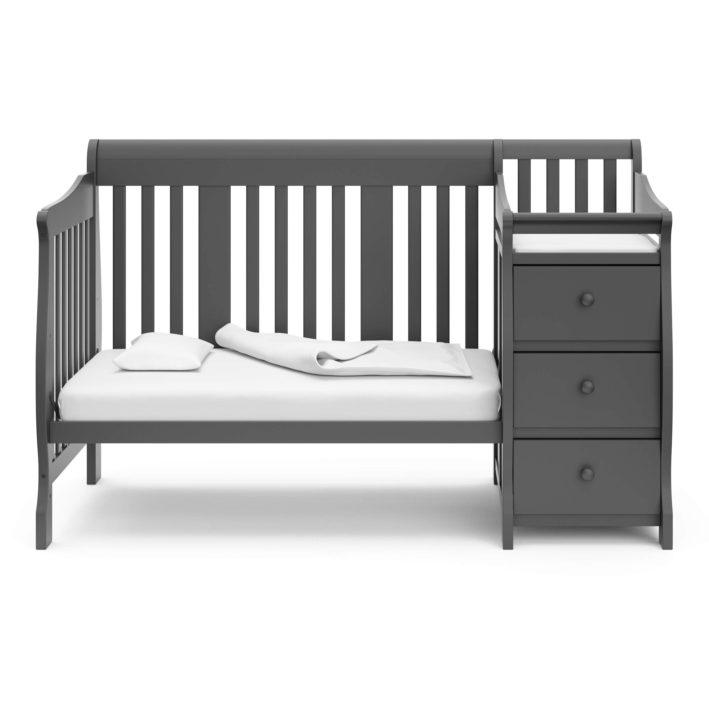 Storkcraft Portofino 5-in-1 Convertible Crib & Changer Set - Gray Nursery Furniture with Storage Drawer | Transforms to Toddler Bed, Daybed & Full Bed | Perfect for Baby Rooms, Daycare Centers & Small Spaces