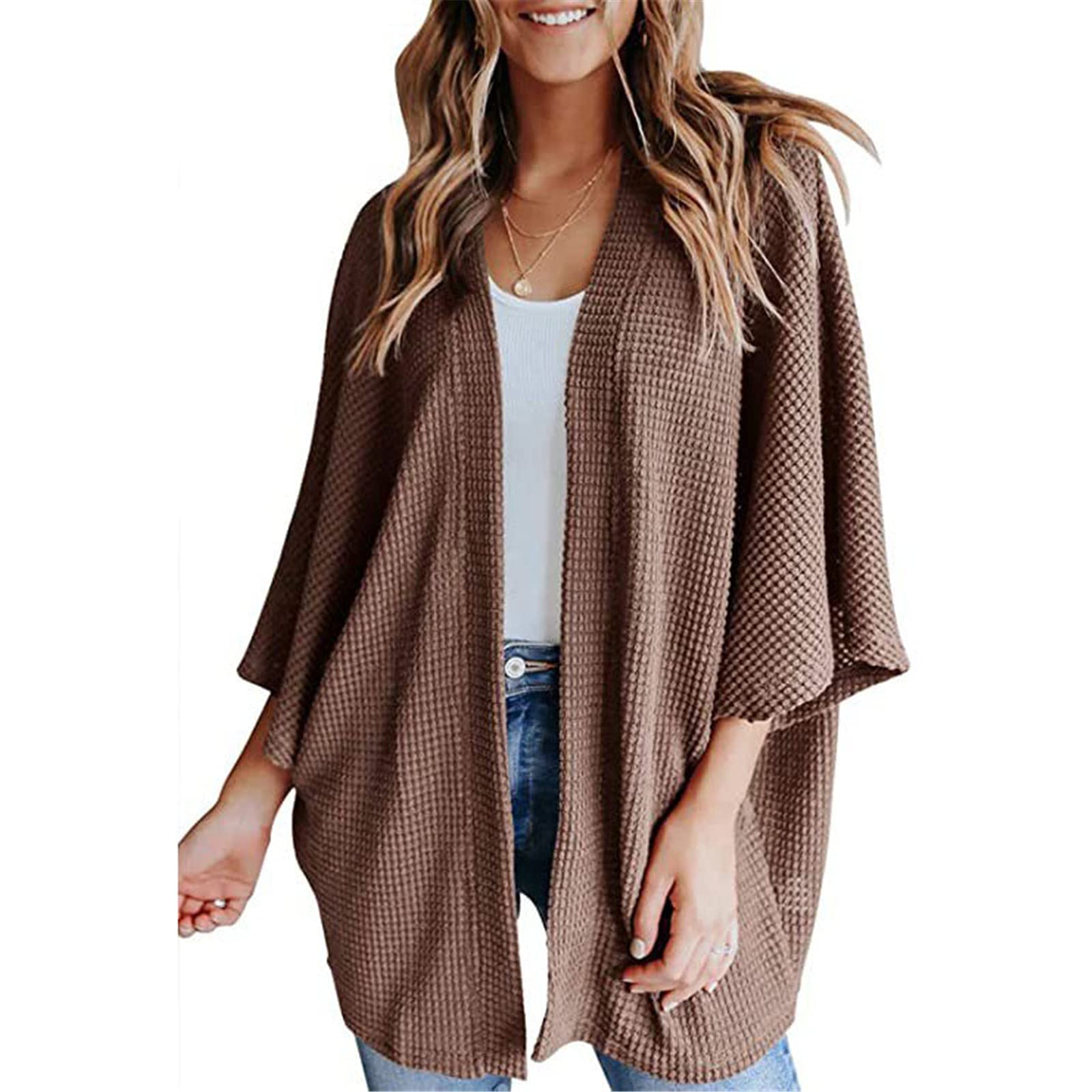 Women's Casual Loose Open Front Cardigan - Soft Draped Waffle Chunky Knit Long Sleeve Sweater with Pockets | Perfect for Fall Layering, Office Wear & Cozy Home Outfits