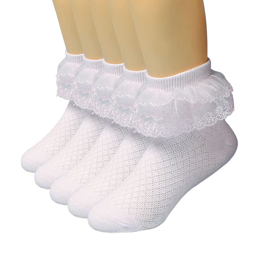 5 Pairs Toddler Baby Girls Ruffle Lace Socks - Eyelet Mesh Cotton Frilly Ankle Soft Dress Socks for Kids 2-13T - Perfect for Princess Costumes, Parties & Special Occasions