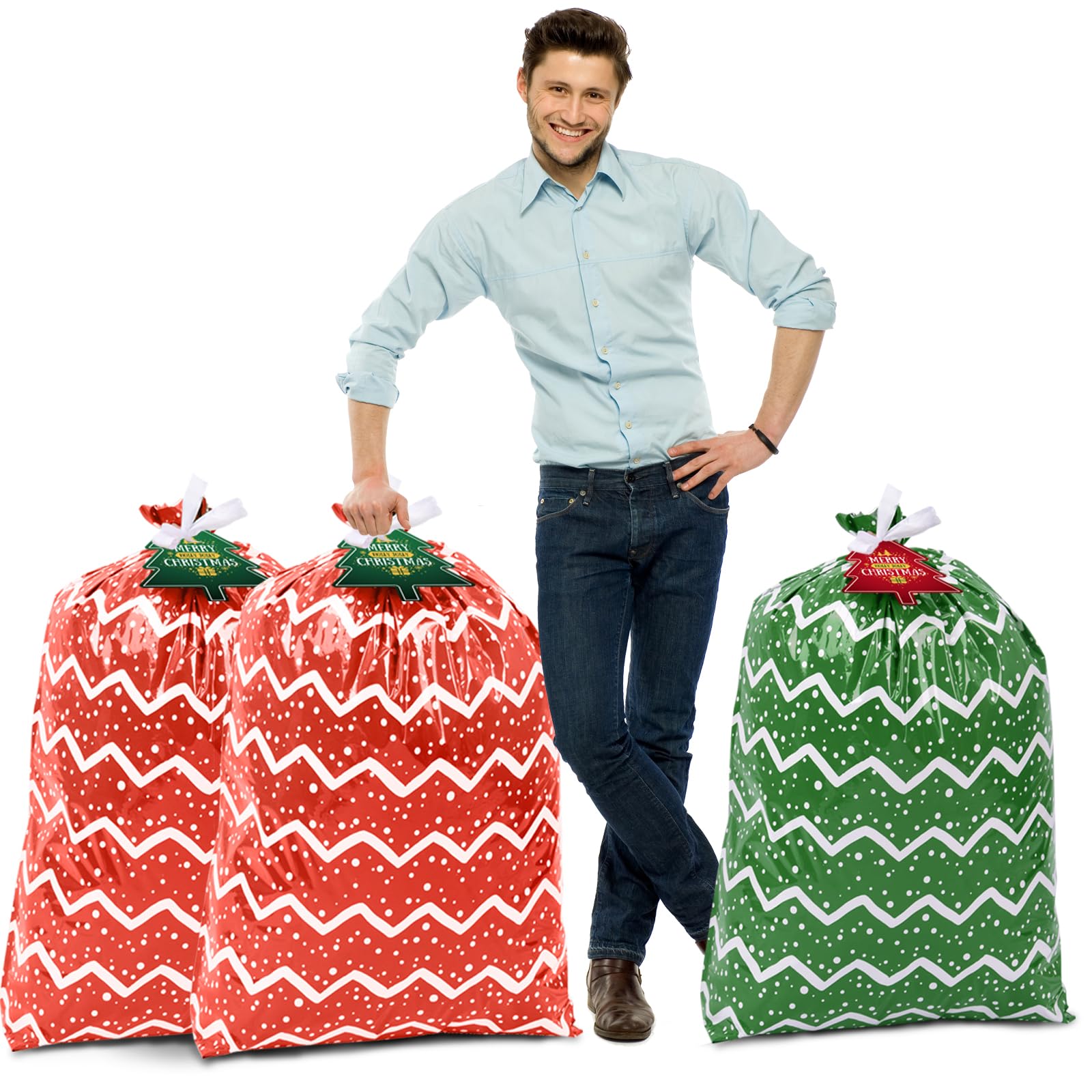Extra Large Christmas Gift Bags 44x36 Inches - 3 Pack Jumbo Holiday Present Wrapping Bags for Bikes, Toys & Big Gifts | Santa Themed Xmas Bags | Durable Plastic Gift Bags for Christmas, Birthday & Special Occasions | Perfect for Wrapping Kids Bicycles, Large Toys & Holiday Presents
