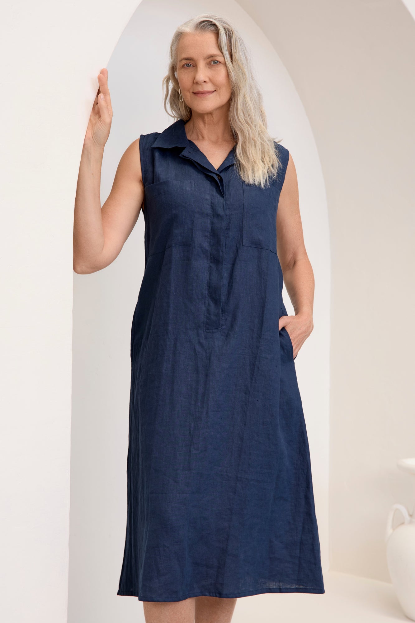 Samara Linen Dress Navy Blue - Breathable Summer Maxi Dress for Beach, Vacation & Casual Wear
