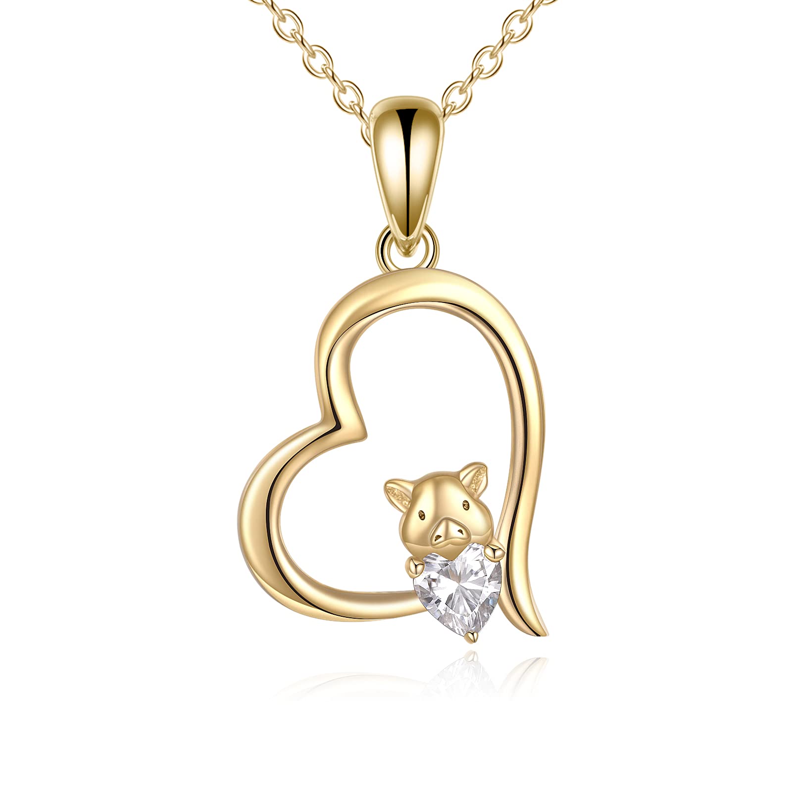 14K Yellow Gold Pig Pendant Necklace with Moissanite Heart - Elegant Jewelry Gift for Women & Girls - 17