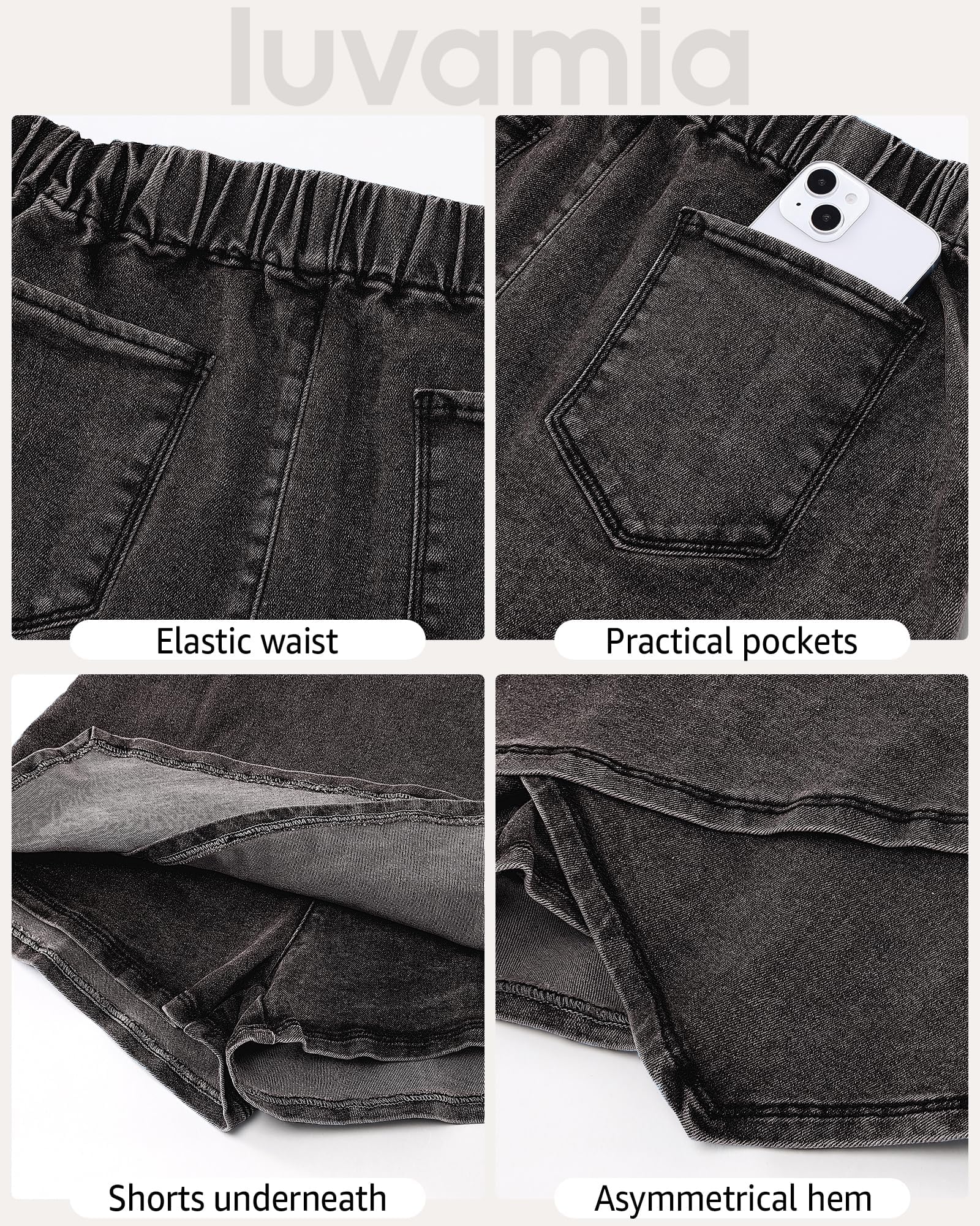 Luvamia Women's High Waisted Stretchy Denim Skorts - Pull On Wrap Skirt with Built-in Shorts, Asymmetrical Trendy Design for Casual Wear, Summer Outfits & Outdoor Activities