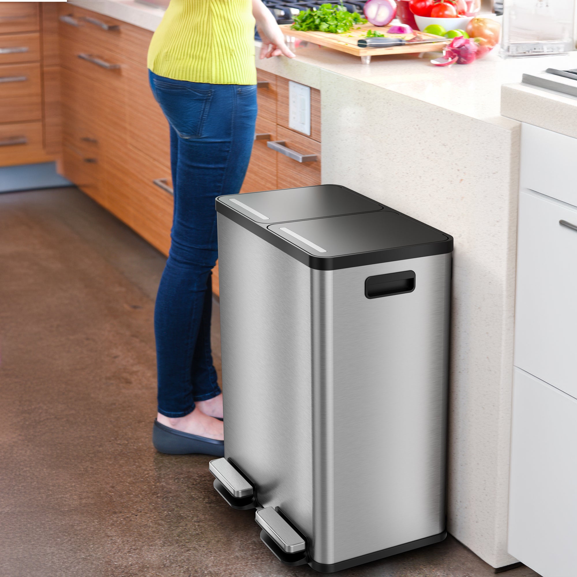 16 Gallon / 61 Liter SoftStep Dual Compartment Rectangular Trash Can & Recycle Bin with AbsorbX Technology - Perfect for Kitchen, Office, and Home Waste Management