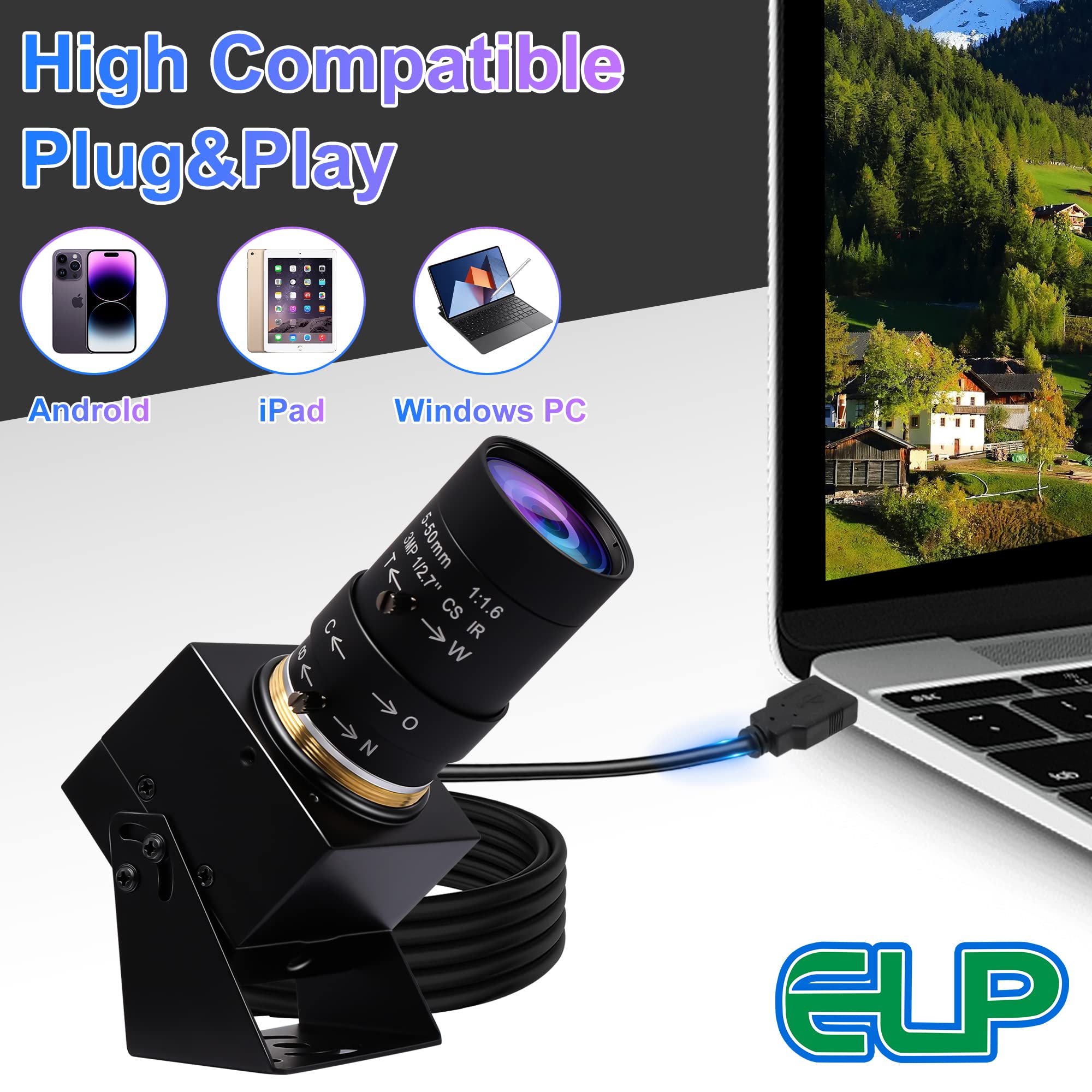 ELP 4K USB Webcam with Microphone - 8MP IMX317 Sensor, 5-50mm Manual Zoom Lens, 3840x2160@30fps - Compatible with Windows, Linux, Mac & Raspberry Pi - Perfect for Video Conferencing, Live Streaming & Online Classes