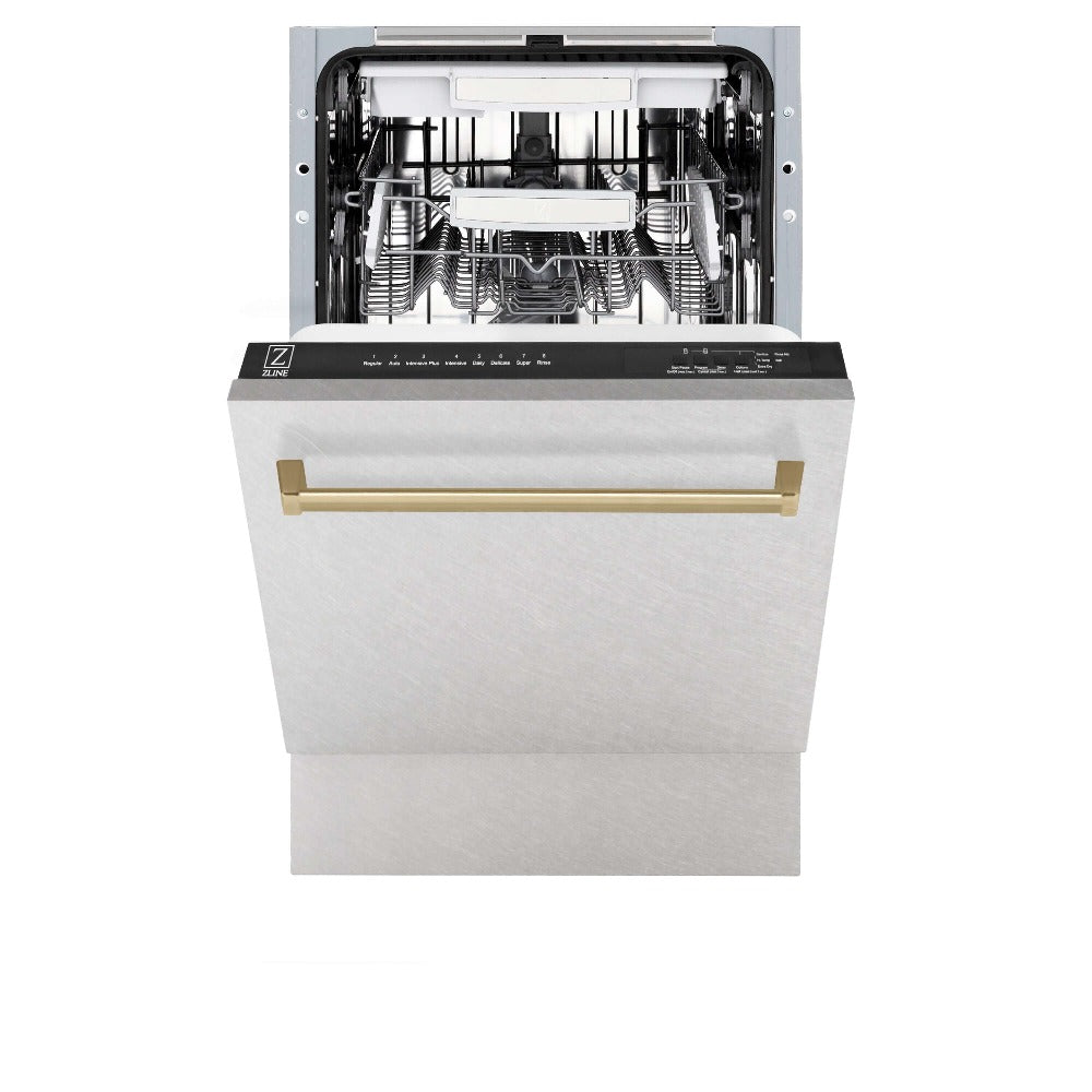 ZLINE Autograph Edition 18-inch Built-In Dishwasher - Tallac Series with 3rd Rack, Satin Stainless Steel Panel & Champagne Bronze Handle, 51dBa (DWVZ SN 18 CB) - Perfect for Modern Kitchens and Luxury Home Renovations
