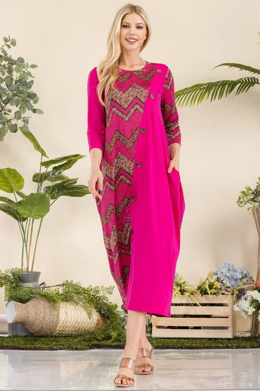 Celeste Full Size Geo Print Paneled Dress with Buttons - Plus Size Floral Dress for Women | Perfect for Weddings, Parties & Special Occasions