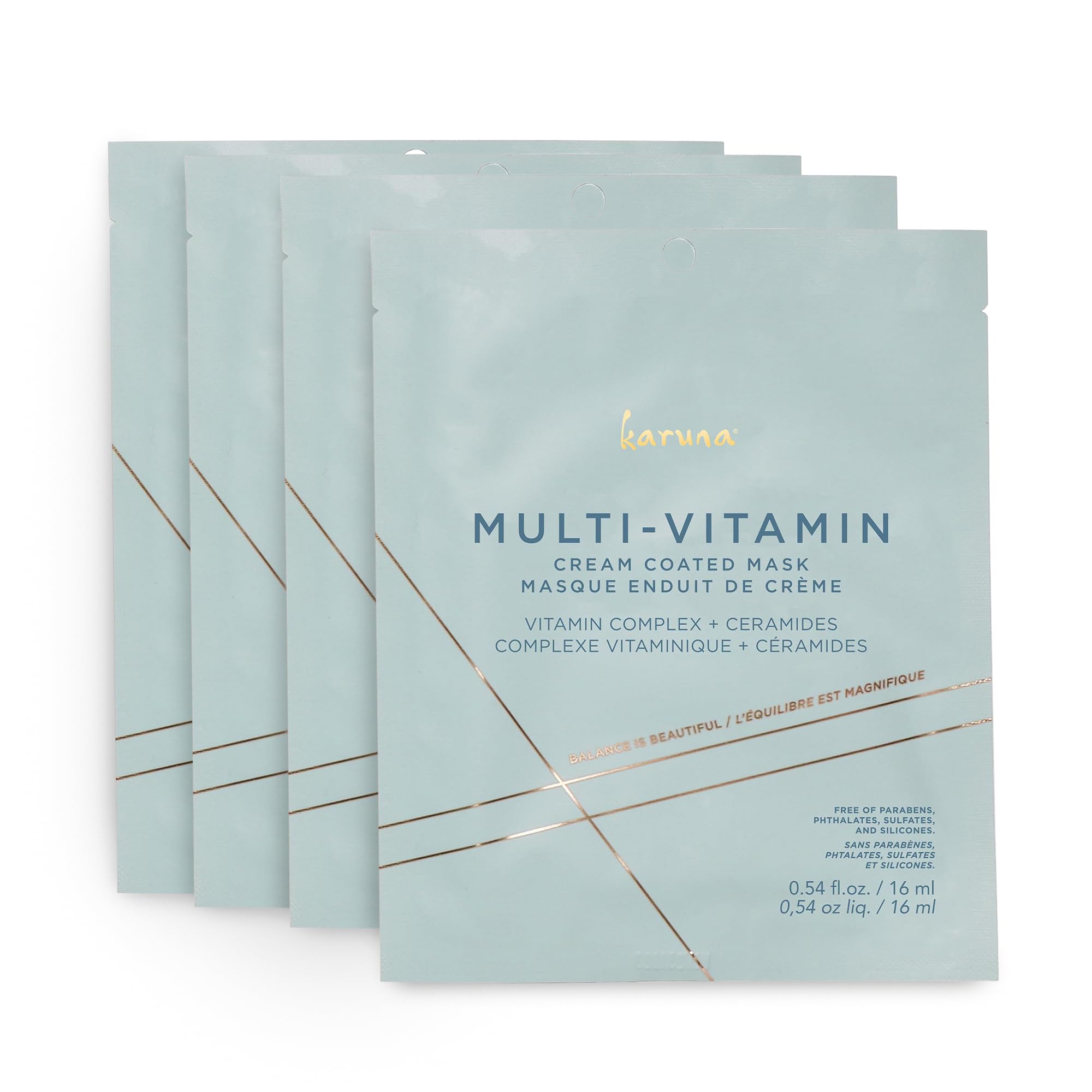 Karuna Multi-Vitamin Face Masks - Cream-Coated Hydrating Sheet Masks for Sensitive Skin | Hypoallergenic, Vitamin-Rich Skincare Treatment | Lightweight & Non-Greasy Formula | 16ml x 4 Pack | Perfect for Daily Hydration, Spa Nights & Travel Skincare Routine