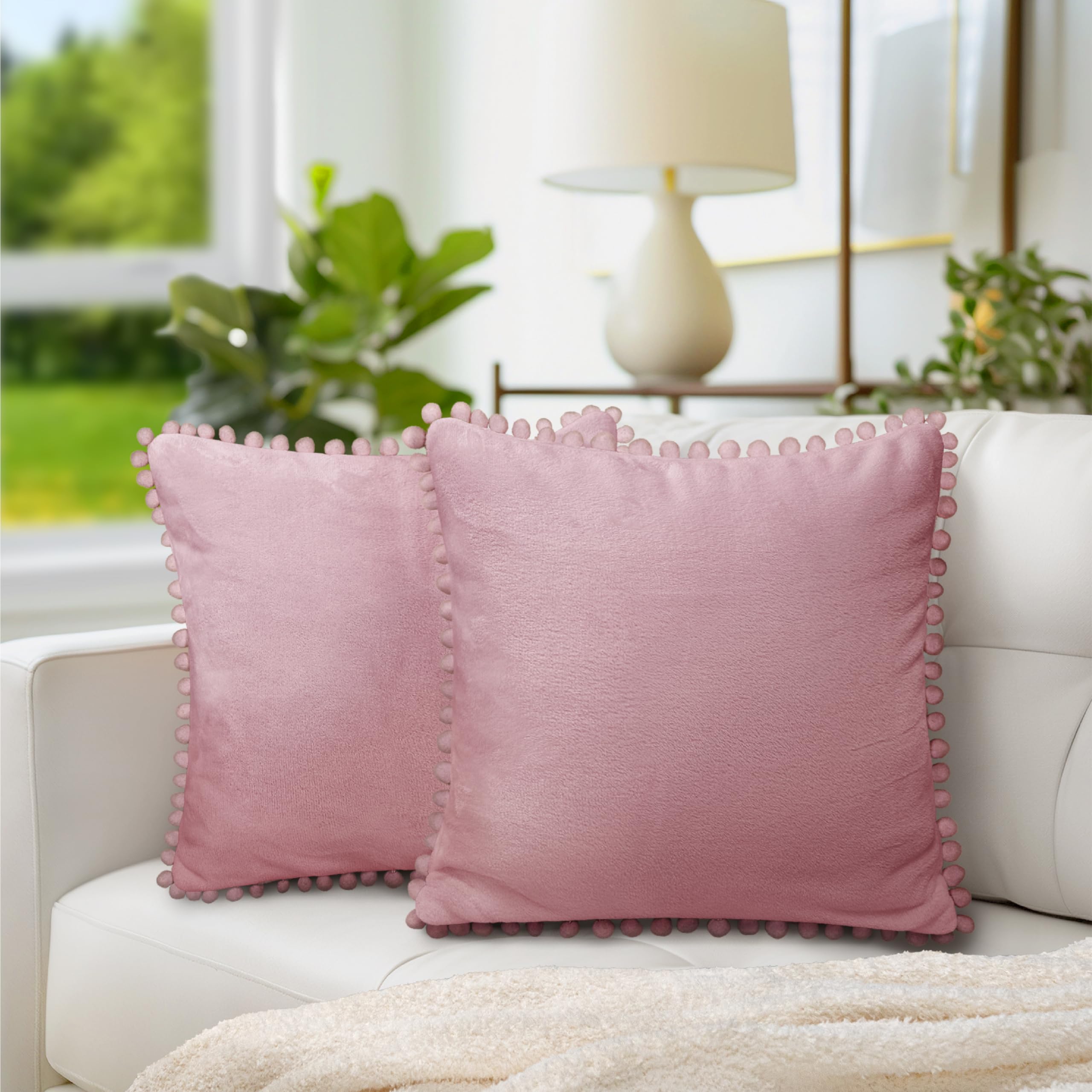 PAVILIA 20x20 Blush Pink Velvet Throw Pillow Covers Set of 2 - Soft Pom Pom Decorative Cushion Covers for Bed, Sofa, Couch & Home Decor - Cozy Living Room & Bedroom Aesthetic Accessories