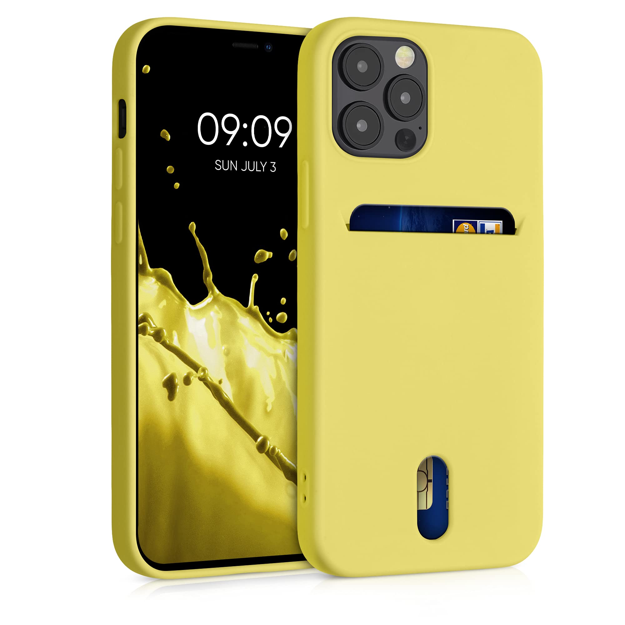 kwmobile Soft TPU Phone Case with Card Holder for Apple iPhone 12/12 Pro - Shockproof Silicone Cover in Yellow - Perfect for Everyday Use, Travel & Hands-Free Convenience