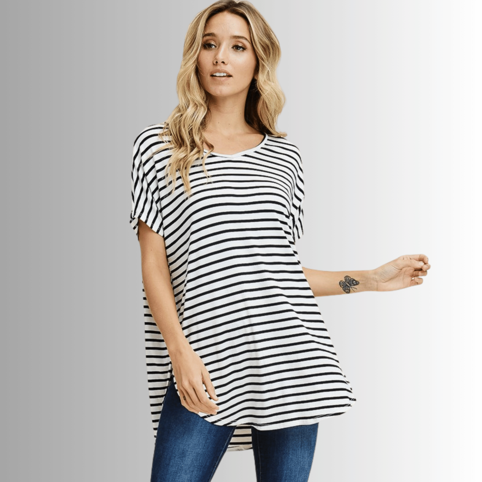 Kinsley Striped Casual Tunic Tee for Women - Comfortable Loose Fit Blouse with 3/4 Sleeves - Perfect for Work, Weekend Outfits & Layering