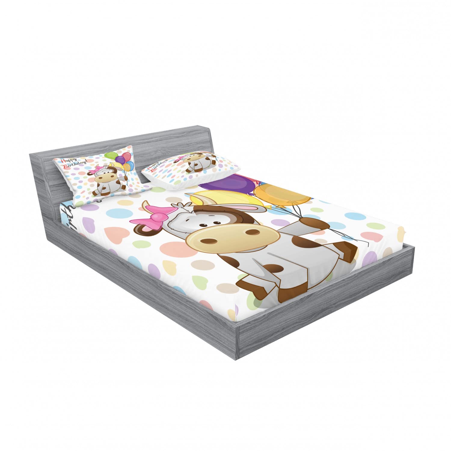Ambesonne 2-Piece Cow & Balloons Birthday Bedding Set - Queen Size Fitted Sheet & Pillow Sham - 4-Piece Decor for Kids Room, Party Decorations - Perfect for Birthday Gifts, Themed Bedrooms & Sleepovers