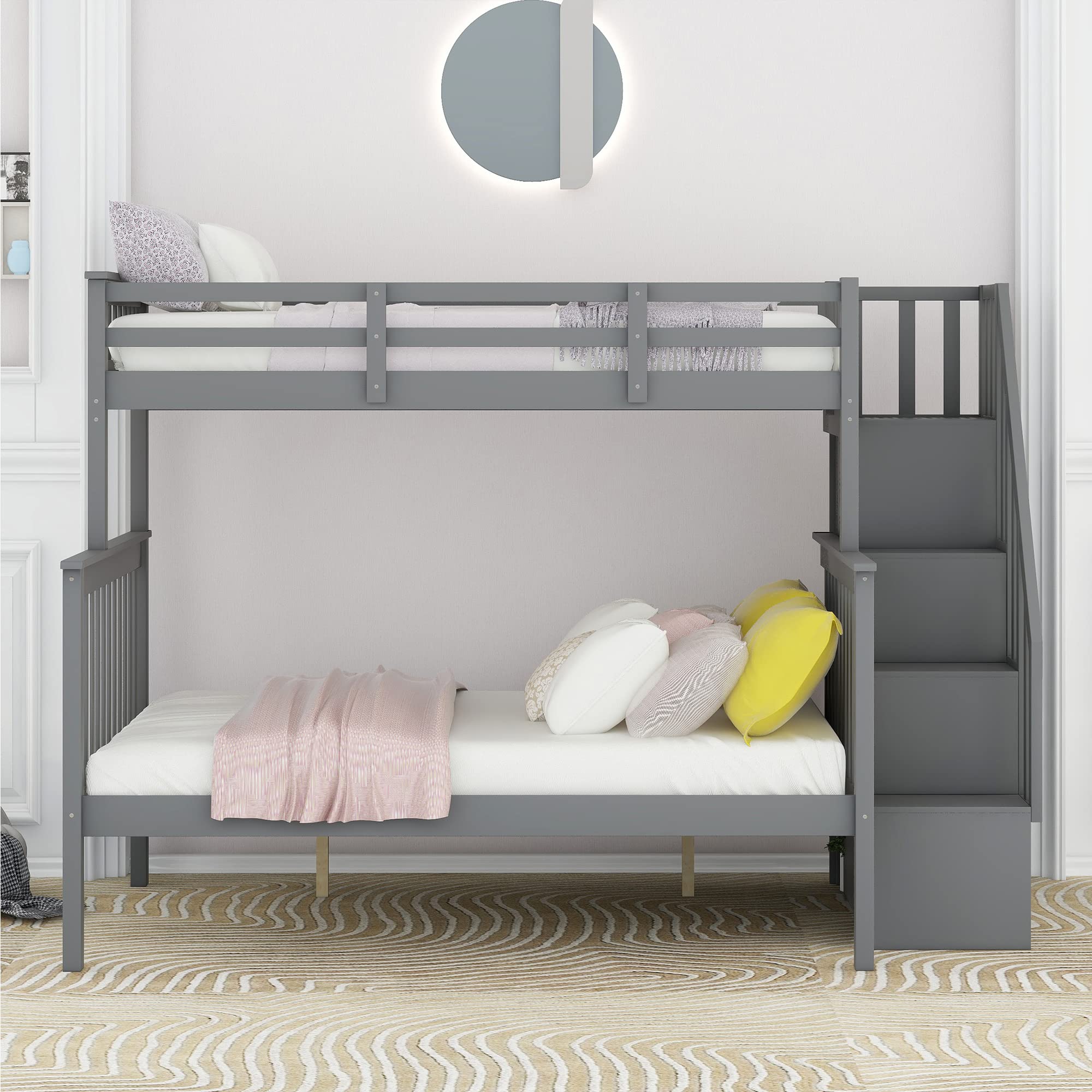 MERITLINE Twin Over Full Bunk Bed with Staircase & Storage - Space-Saving Grey Bunk Bed Frame for Kids & Teens - Convertible Design for Small Rooms, Dorms, and Shared Bedrooms