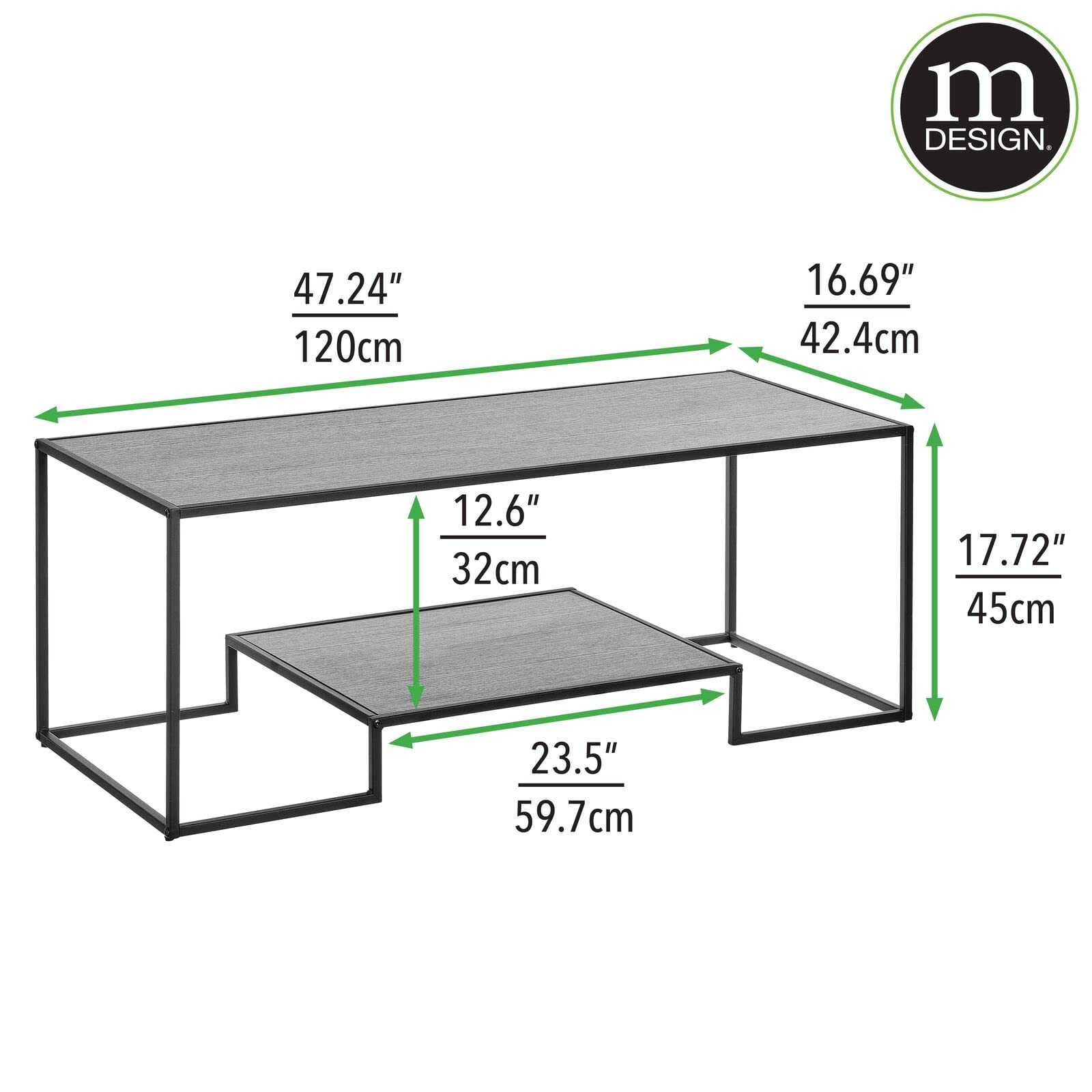 mDesign Rustic Rectangle Coffee Table with Shelf - Large Metal Living Room Table with Water-Resistant Top for Home, Office, Bedroom - Black/Black | Perfect for Small Spaces, Modern Decor & Family Gatherings