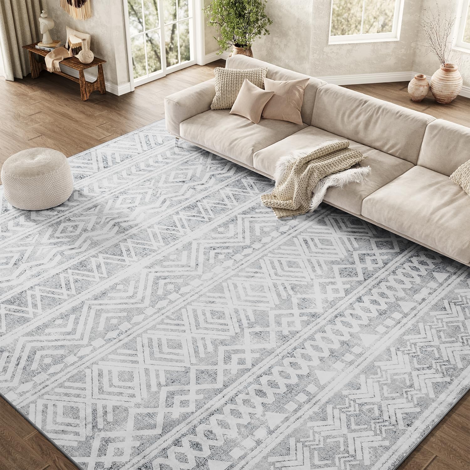 Boho Area Rug 5x7 - Moroccan Style Machine Washable Carpet for Living Room, Bedroom & Dining Room - Neutral Grey Taupe - Perfect for Bohemian Decor, Cozy Home & Modern Interior Design