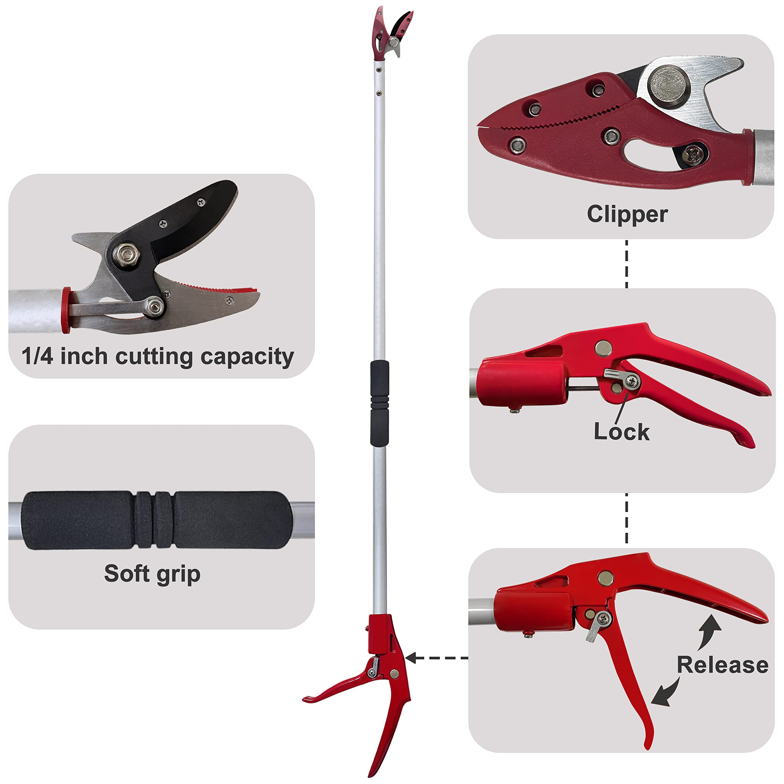 6FT Tree Trimmer Pole Pruner - Lightweight Aluminum Long Reach Pruning Shears with Cut & Hold Function - Perfect for Fruit Picking, Branch Trimming and Garden Maintenance (Ideal for Tall Trees & Hard-to-Reach Branches)
