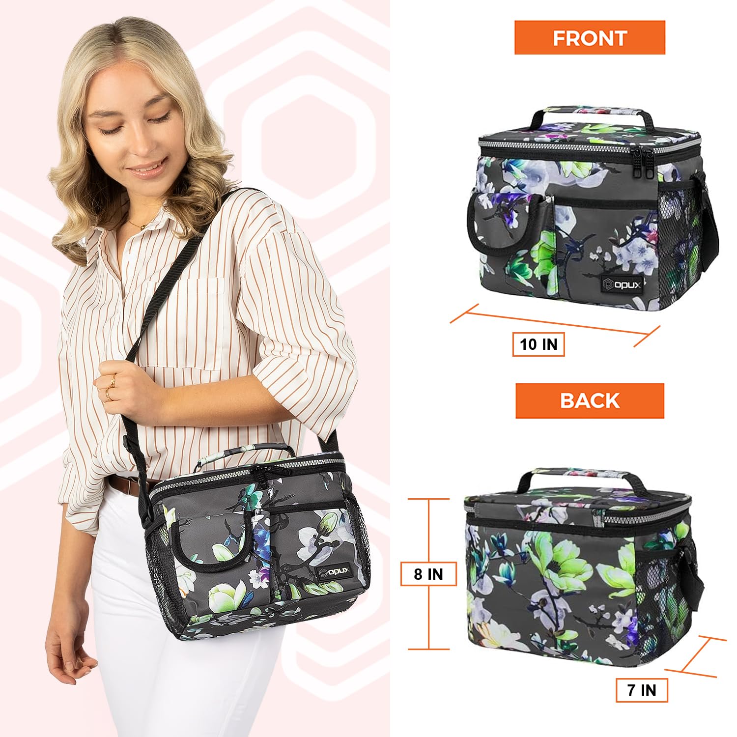 OPUX Insulated Lunch Bag for Men & Women - Leakproof Floral Grey Lunch Box for Work & School - Portable Soft Cooler Bag with Adjustable Shoulder Strap - Perfect for Adults & Kids (14 Can/8L Capacity) - Ideal for Office, Picnics, Hiking & Daily Commute