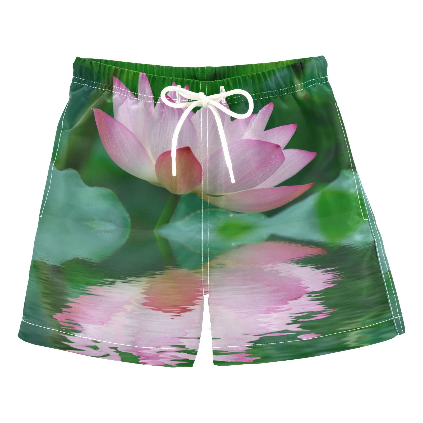 AMICHIC Boys Pink Lotus Swim Trunks with Mesh Lining - Quick Dry Adjustable Waist Swim Shorts for Beach, Pool & Summer Water Activities