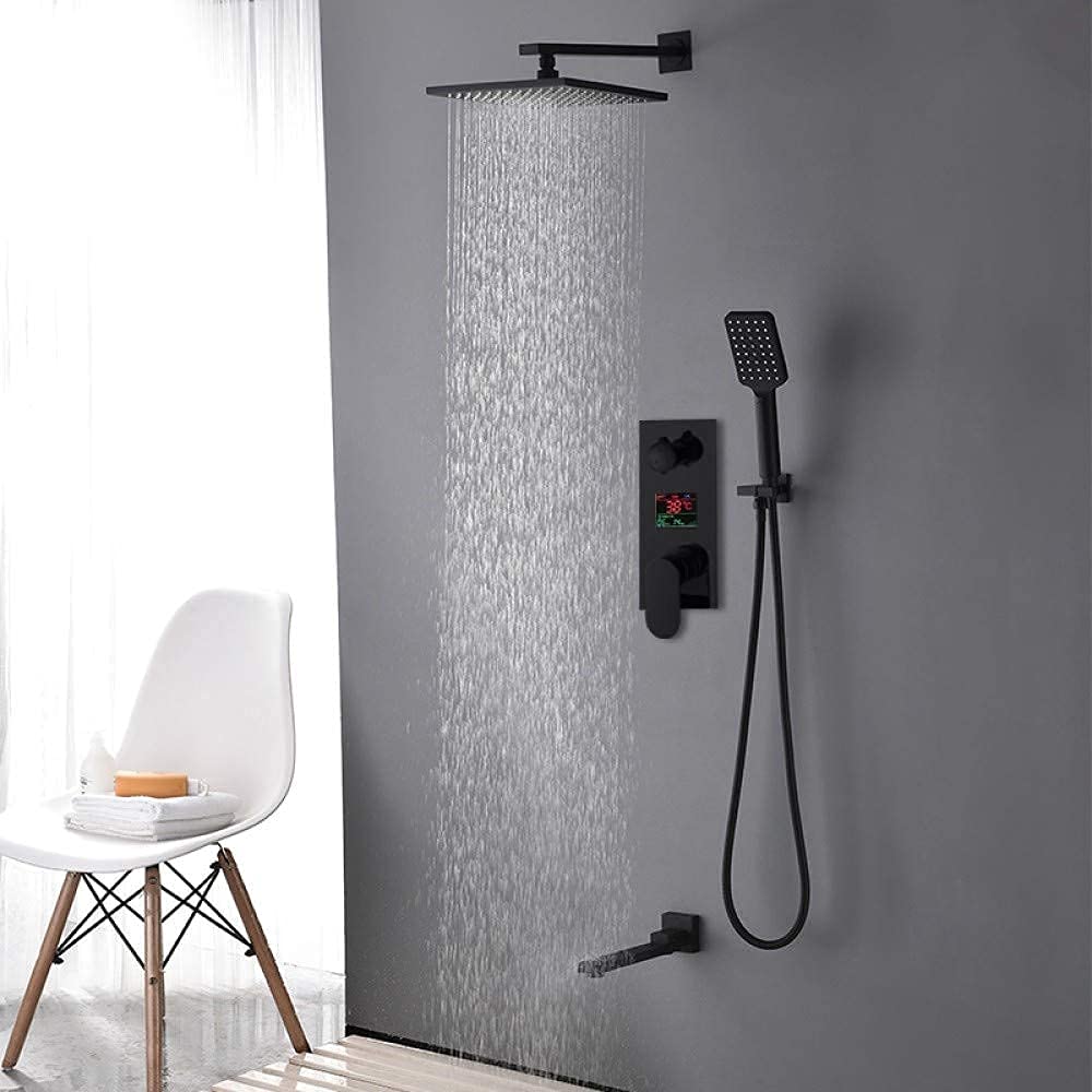 ZCYXQR Black Digital Shower System - 3-Way Rainfall Shower Head with Brass Faucet, Digital Display Mixer Tap & Swivel Tub SPO for Modern Bathroom | Perfect for Master Bath, Spa-Like Experience & Luxury Home Upgrade