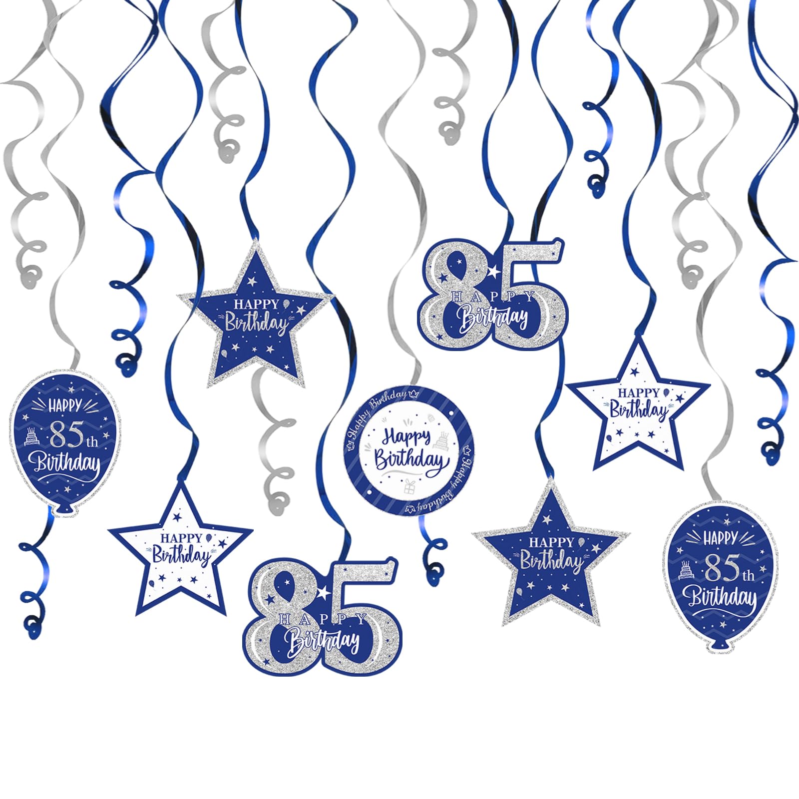 85th Birthday Blue & Silver Glitter Swirl Streamers - 15 Pcs Hanging Party Decorations Kit for Milestone Celebrations | Perfect for Wall Decor, Photo Backdrops, and Birthday Party Sign Enhancements