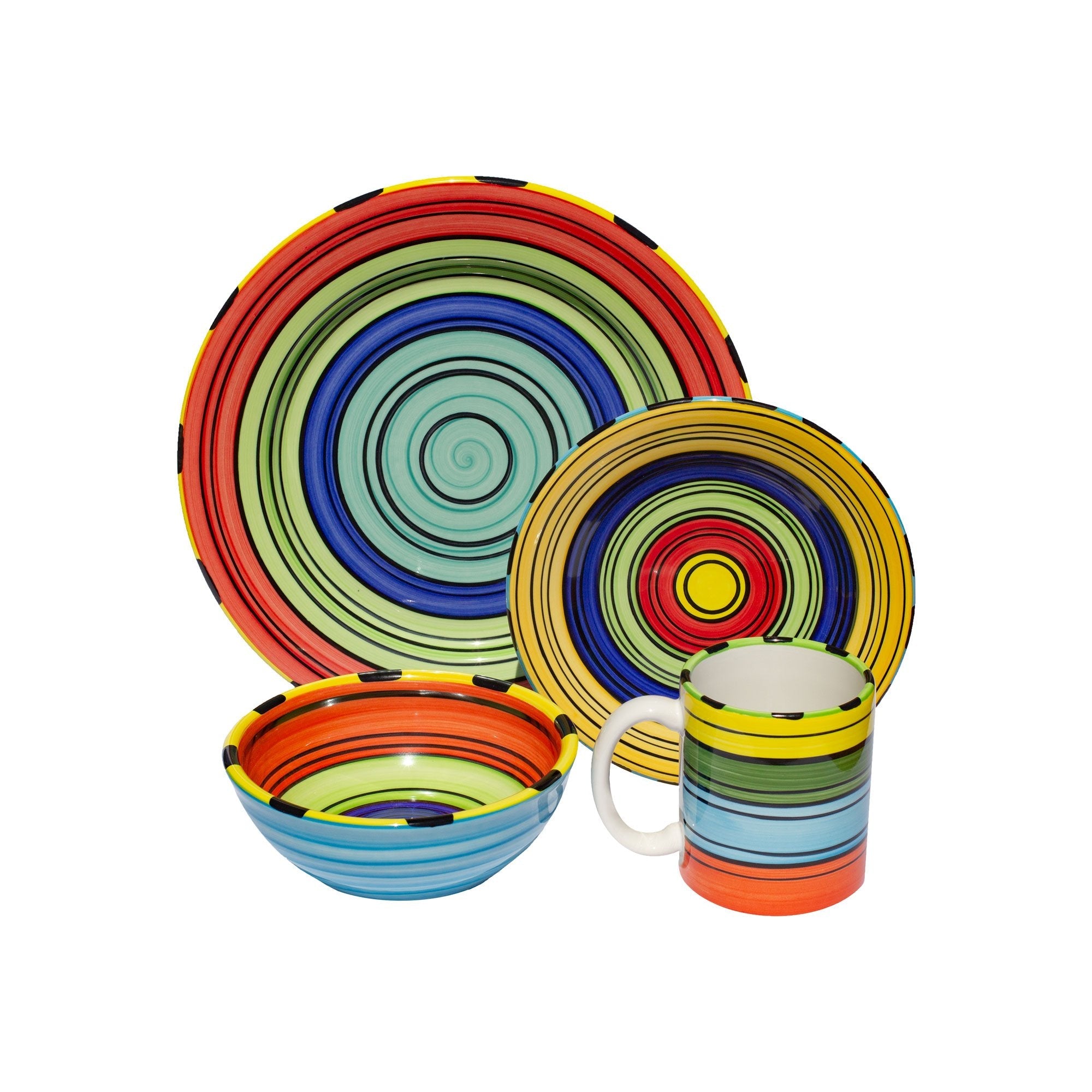 4-Piece Colorful Striped Dinnerware Set - Acapulco Style Plates & Bowls for Casual Dining, Entertaining, and Kitchen Decor