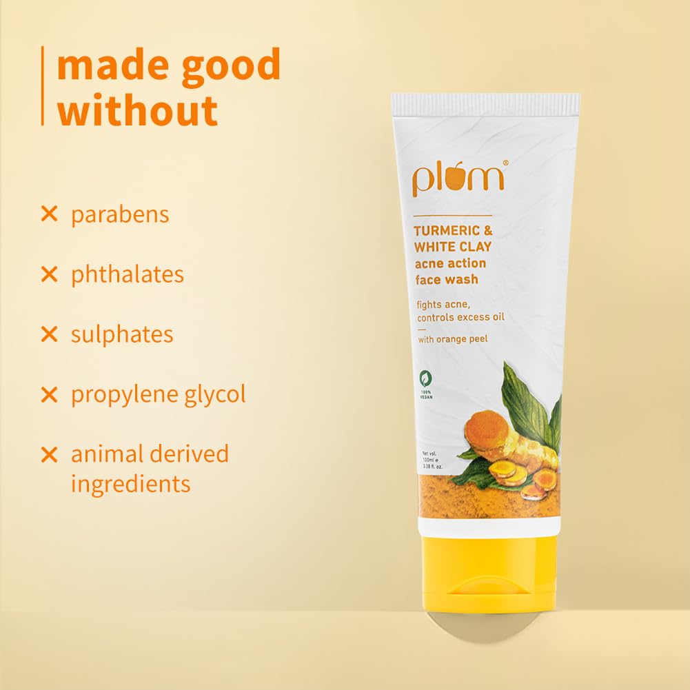Plum Turmeric & White Clay Acne Action Face Wash - Fights Acne & Controls Oil with Turmeric & Orange Peel | Non-Drying, Sulfate-Free, Vegan Clay Cleanser (100ml) for Clear Skin | Perfect for Oily & Acne-Prone Skin Daily Care