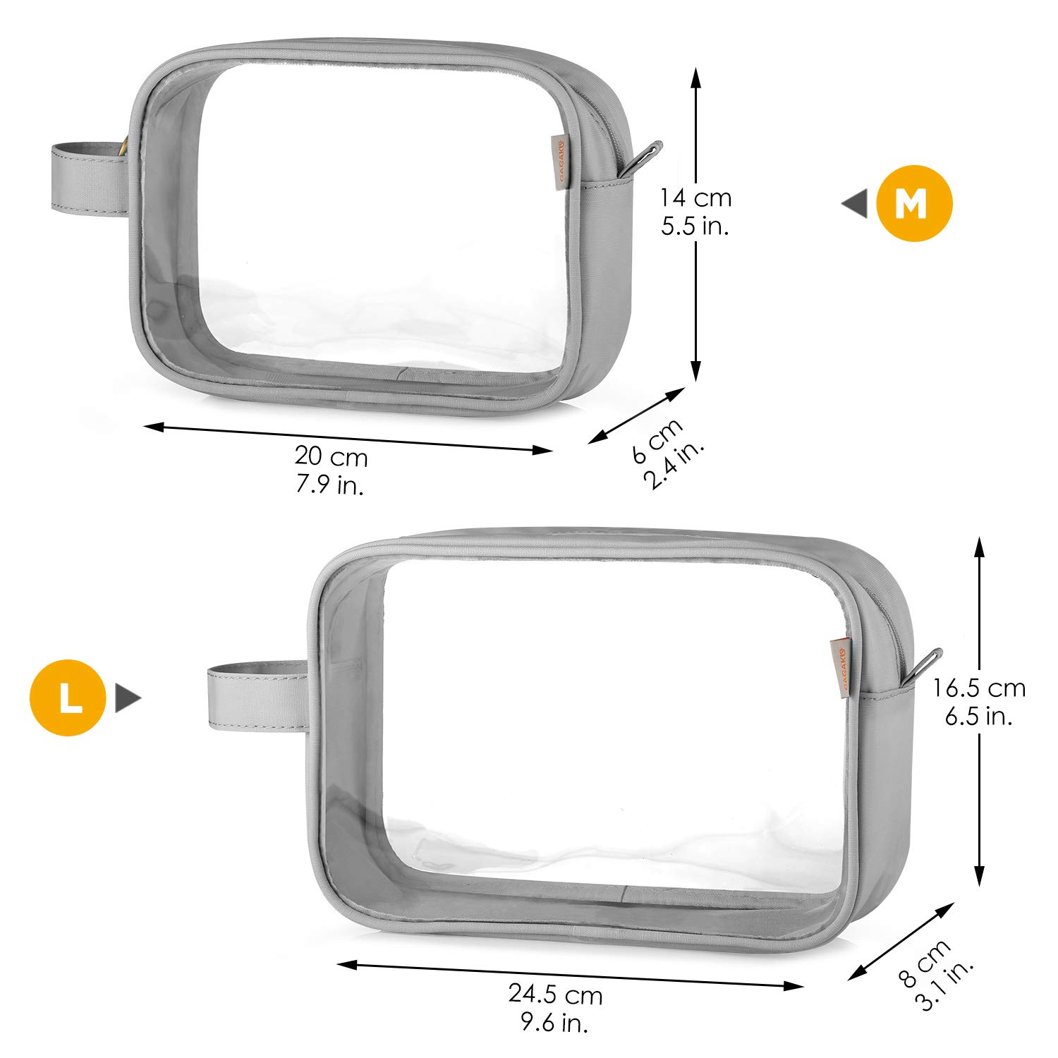 GAGAKU 2-Pack TSA Approved Clear Toiletry Bag - Waterproof Transparent Travel Cosmetic Bag with Handle Strap for Liquids, Makeup & Toiletries - Perfect for Air Travel, Gym & Weekend Getaways (Gray)
