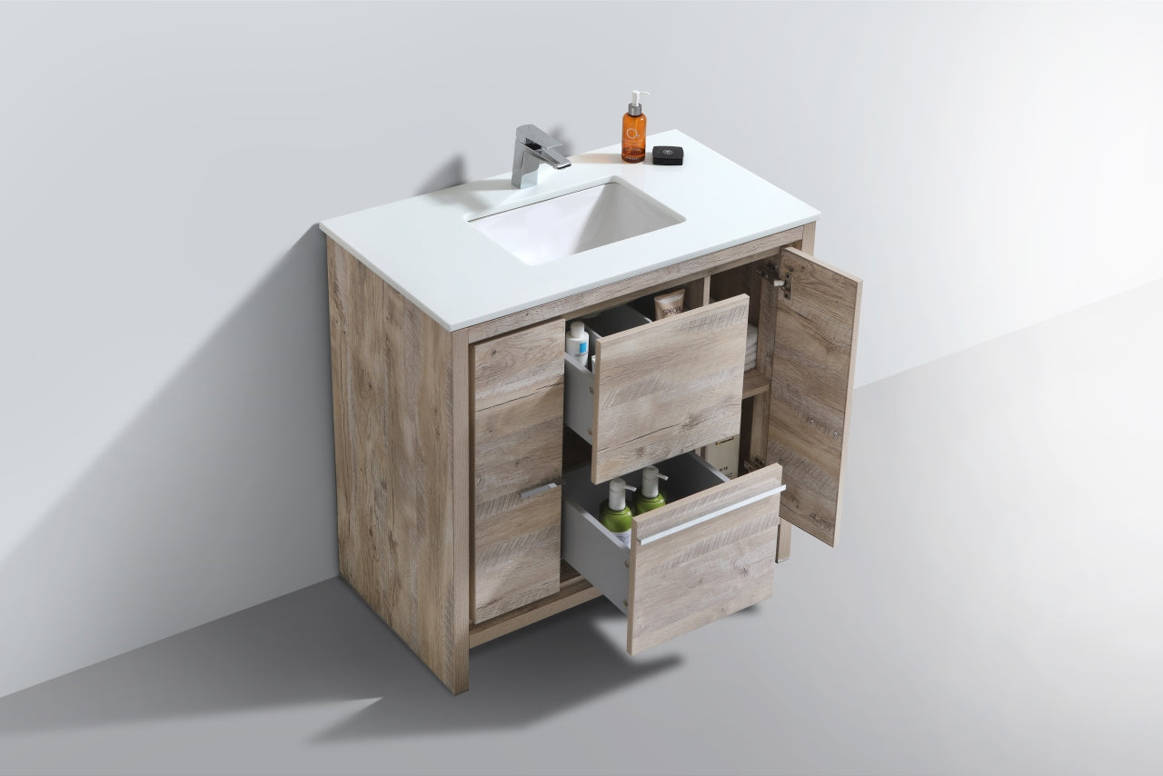 Modern Bathroom Vanity with Nature Wood & Quartz Countertop - Floor Standing Elegant Storage Cabinet for Powder Room, Master Bath & Guest Bath