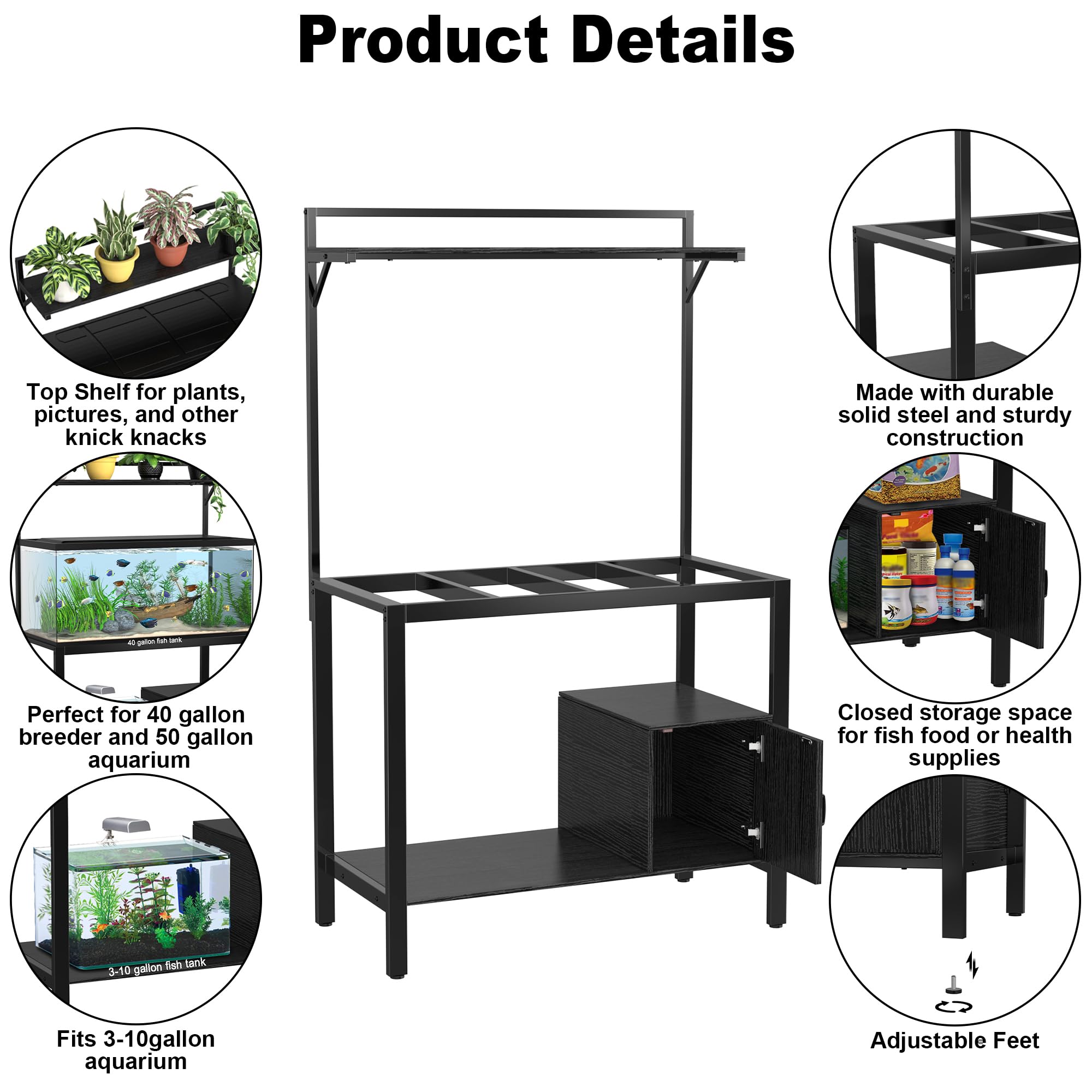 40-50 Gallon Fish Tank Stand with Plant Shelf & Storage - Heavy Duty Metal Aquarium Stand for Reptile Terrariums, Turtle Tanks (36.6